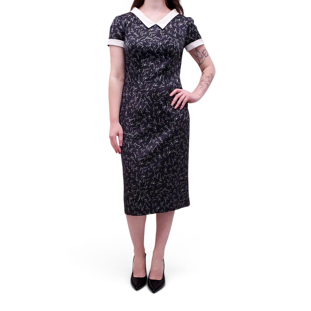 L'WREN SCOTT PROPAGANDA BLACK CURSIVE DRESS WITH COLLAR - SIZE 44
