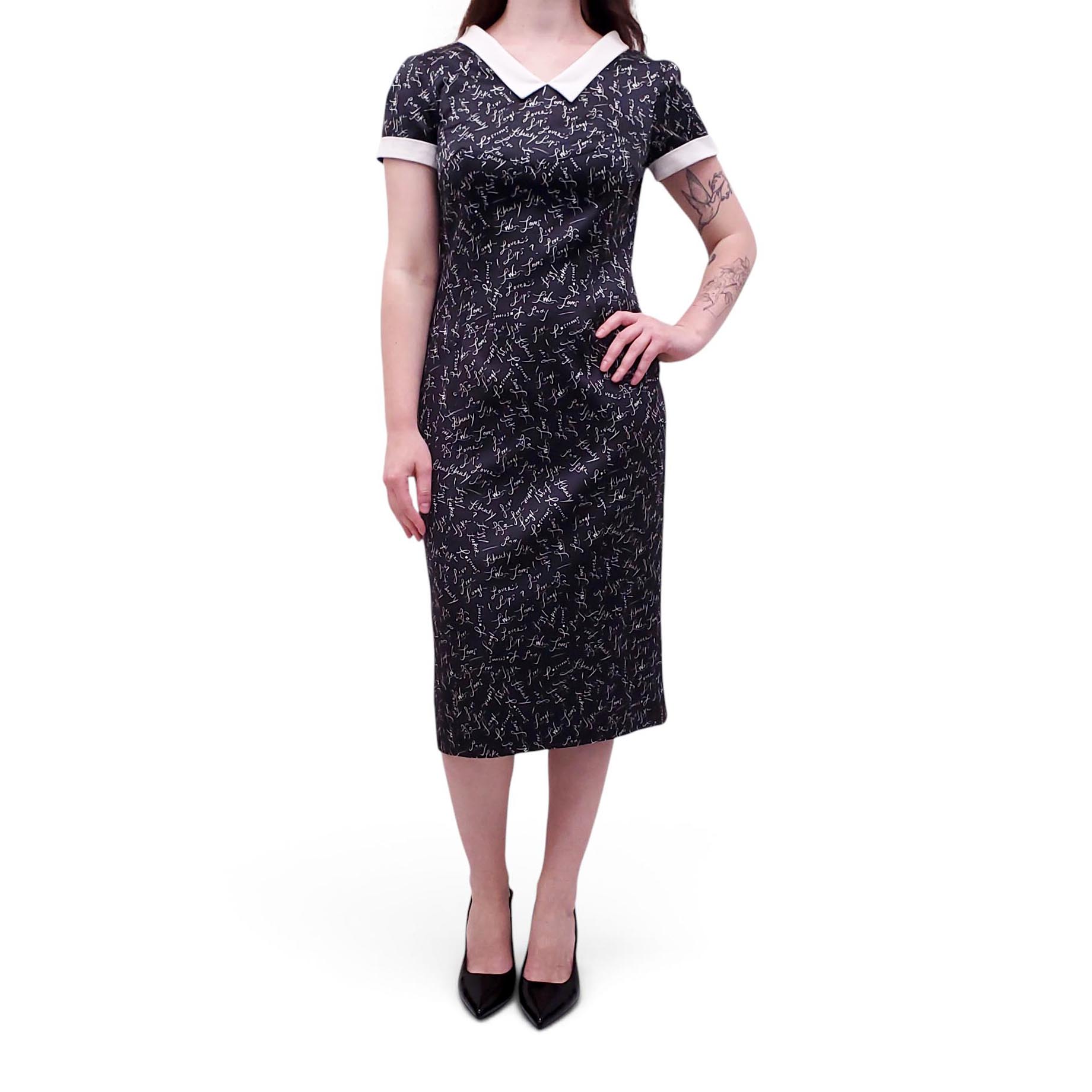 L'WREN SCOTT PROPAGANDA BLACK CURSIVE DRESS WITH COLLAR - SIZE 44