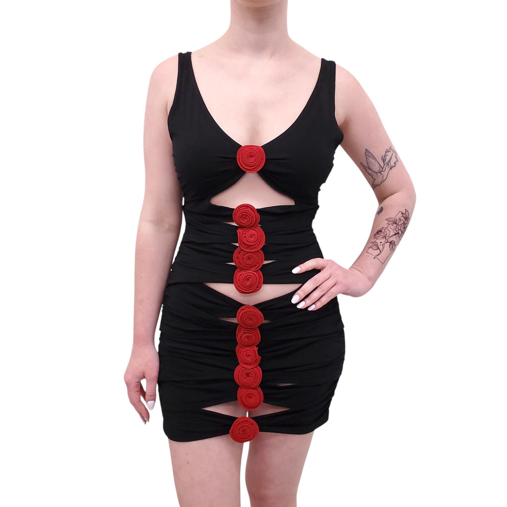 MAGDA BUTRYM BLACK CUTOUT ROSETTE MINI DRESS - SIZE 38