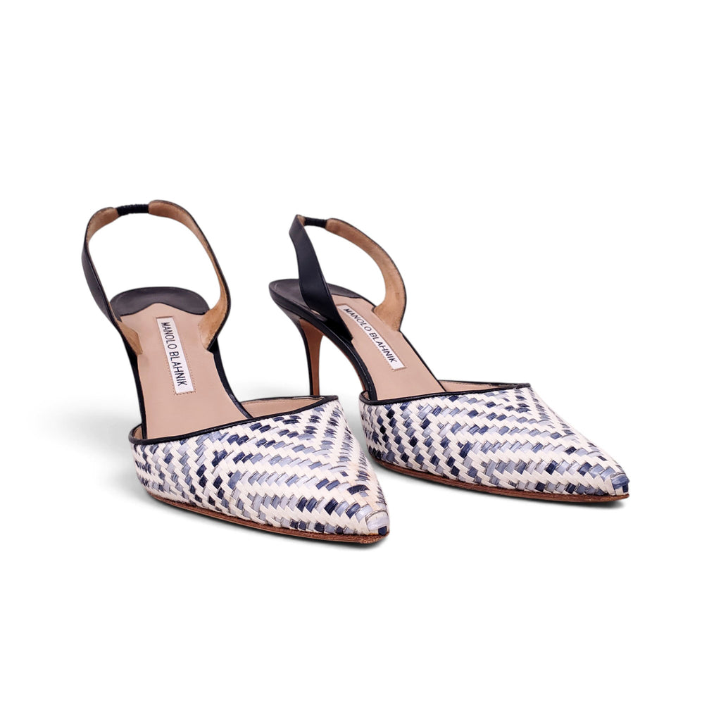 MANOLO BLAHNIK BLUE AND CREAM PATTERNED SLINGBACK - SIZE 39.5