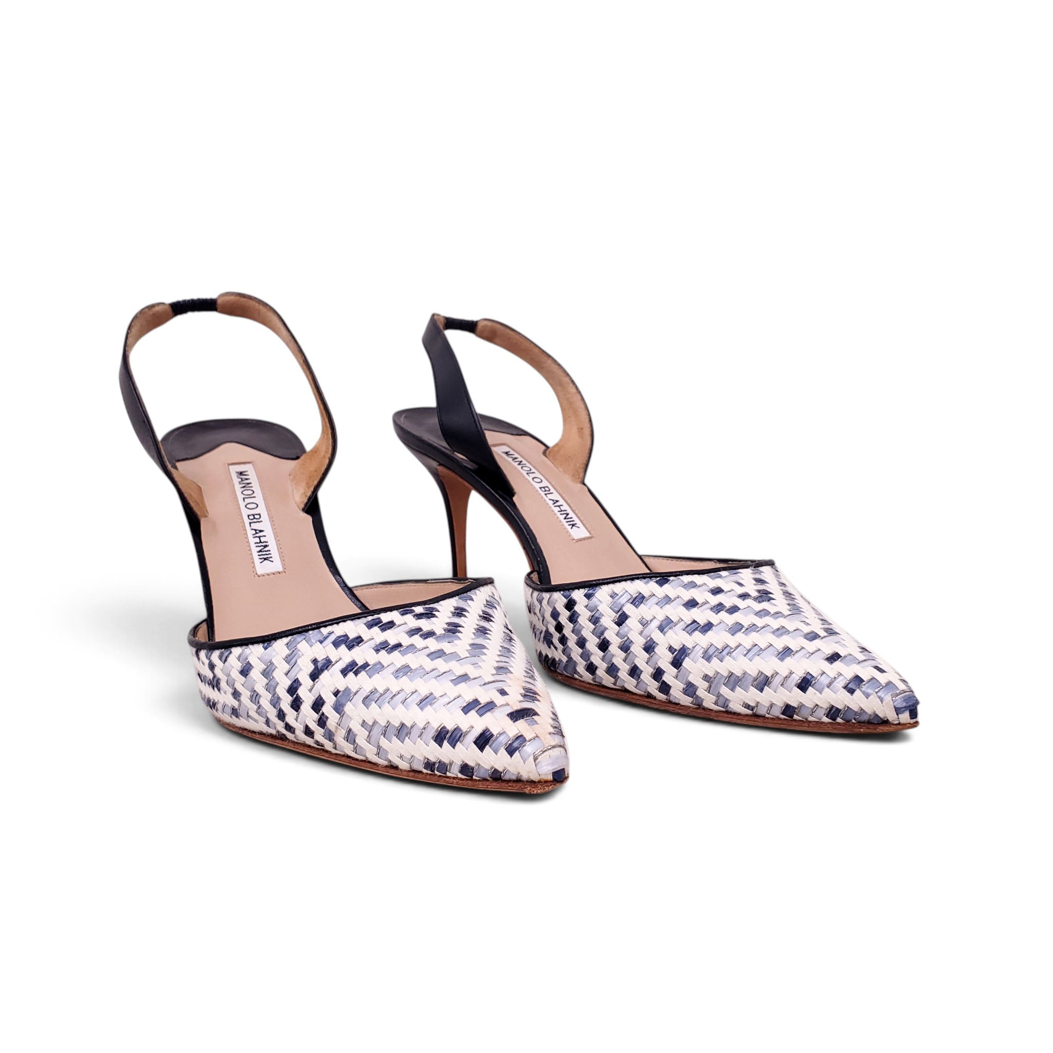 MANOLO BLAHNIK BLUE AND CREAM PATTERNED SLINGBACK - SIZE 39.5