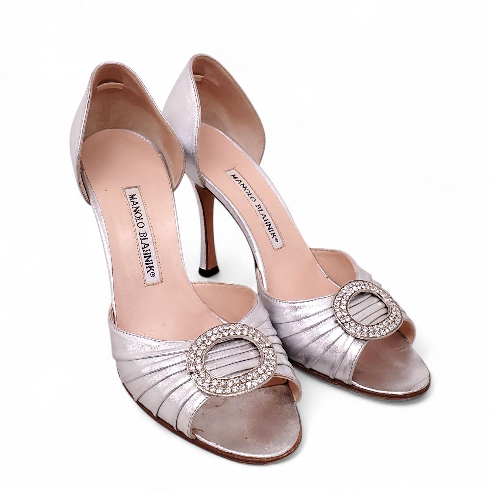MANOLO BLAHNIK SILVER OPEN TOE HEELS - SIZE 37