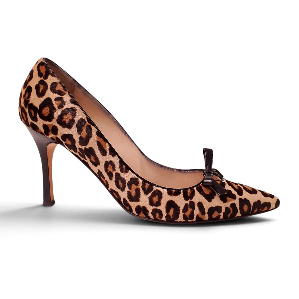 MANOLO BLAHNIK LEOPARD PONY HAIR HEELS WITH BOW - SIZE 39