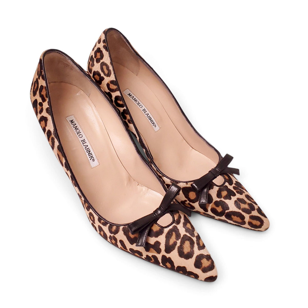 MANOLO BLAHNIK LEOPARD PONY HAIR HEELS WITH BOW - SIZE 39