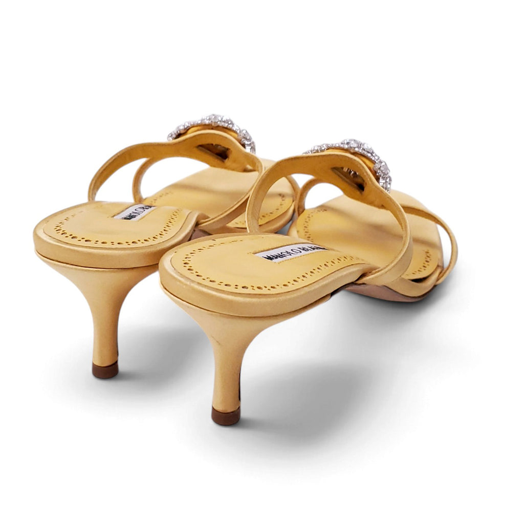 MANOLO BLAHNIK YELLOW SATIN FLORAL CRYSTAL SANDALS - SIZE 40