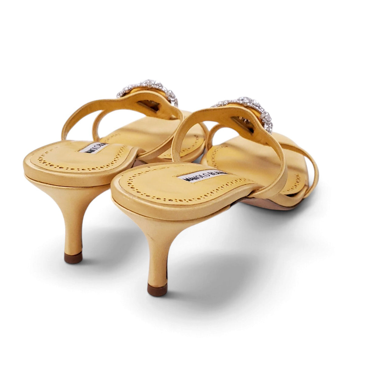 MANOLO BLAHNIK YELLOW SATIN FLORAL CRYSTAL SANDALS - SIZE 40