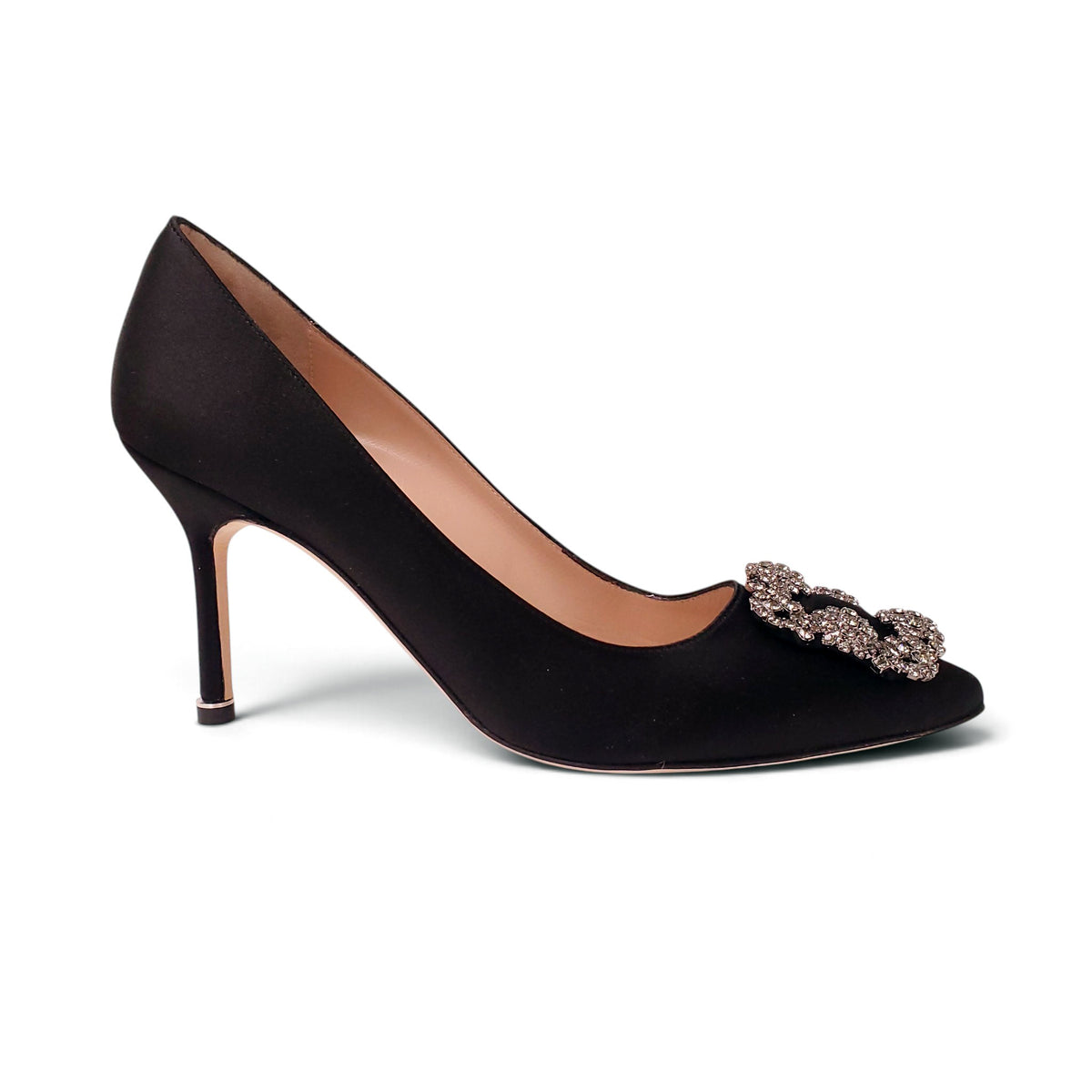 MANOLO HANGISI BLACK 90MM SATIN HEEL - SIZE 37.5