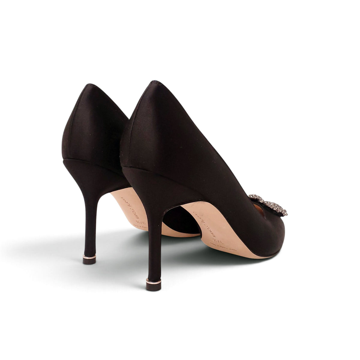MANOLO HANGISI BLACK 90MM SATIN HEEL - SIZE 37.5