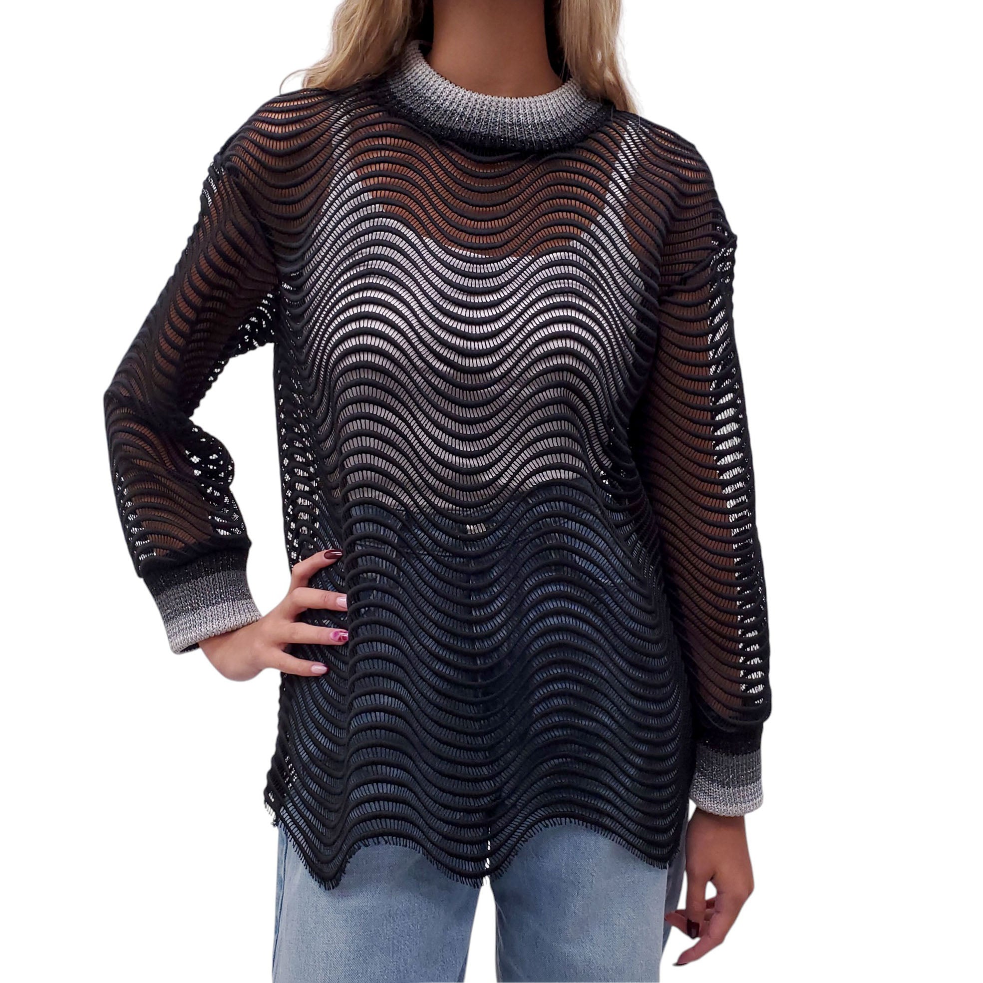 MARCO DE VINCENZO BLACK AND SILVER SHEER SWEATSHIRT - SIZE 44