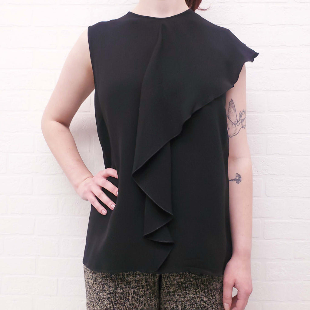 MAX MARA SILK BLACK BLOUSE WITH RUFFLE DETAIL - SIZE 14