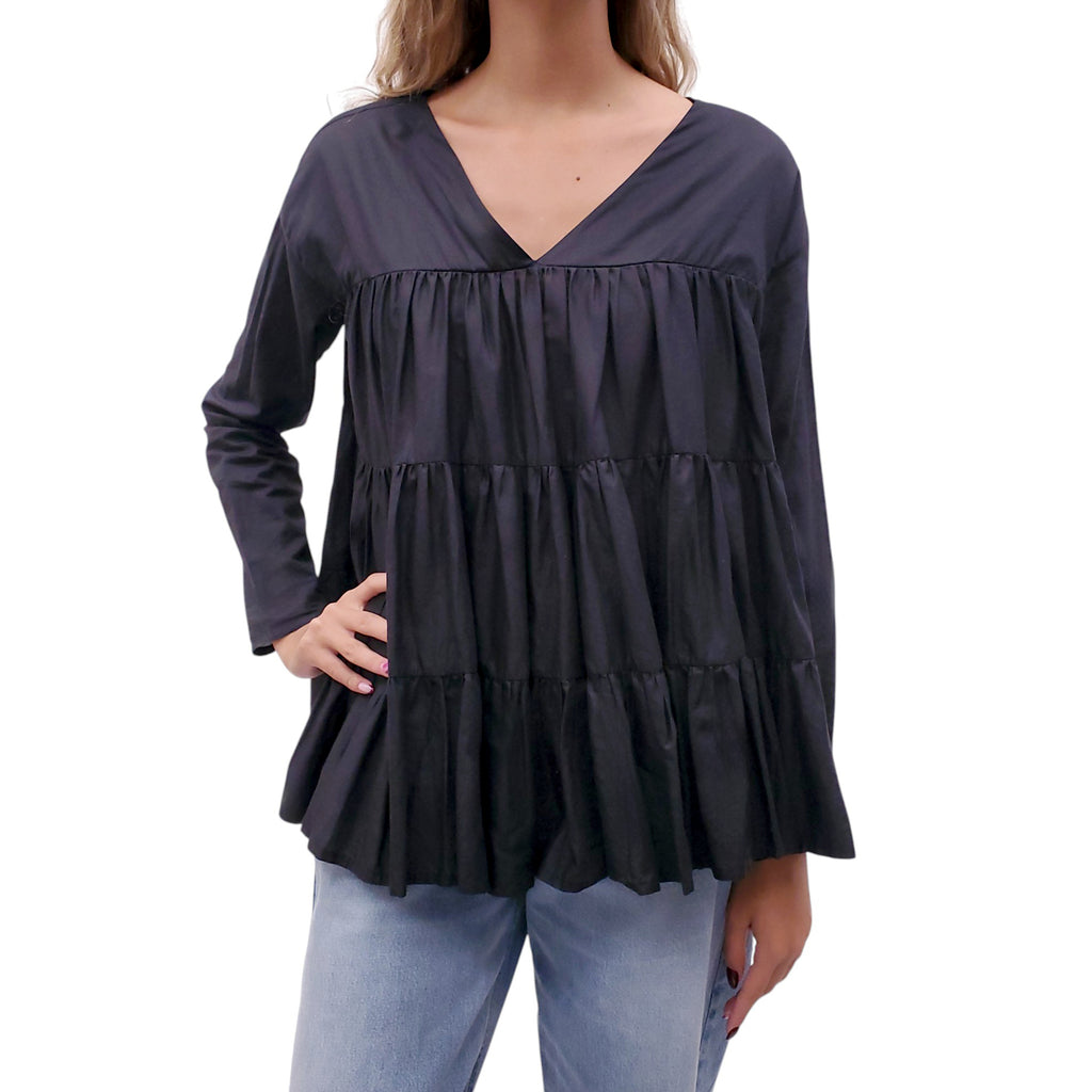 MERLETTE BLACK OVERSIZED TIERED GATHERED BLOUSE - SIZE S