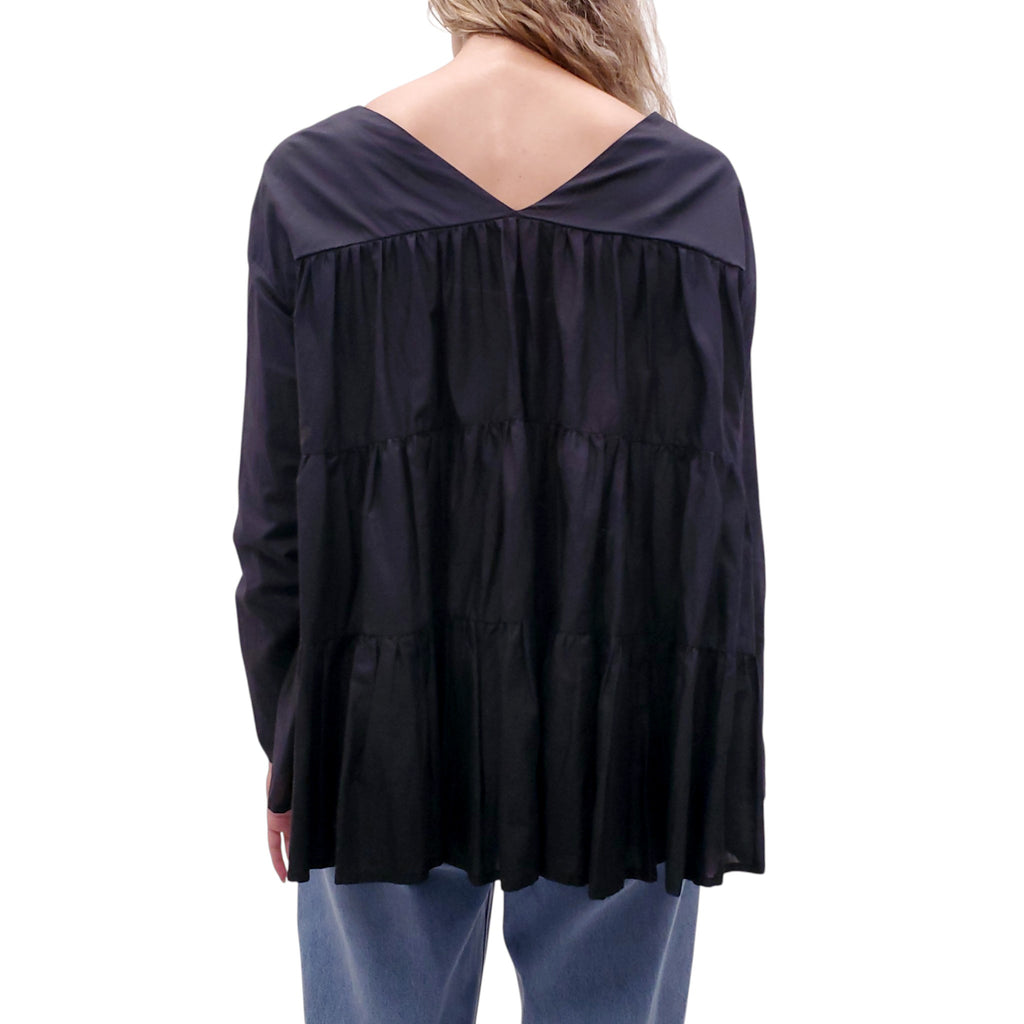 MERLETTE BLACK OVERSIZED TIERED GATHERED BLOUSE - SIZE S