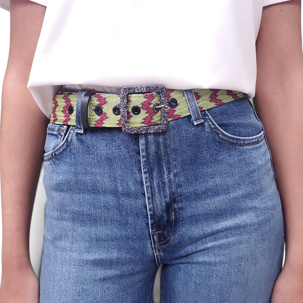 MISSONI GREEN METALLIC PATTERNED BELT - SIZE 80