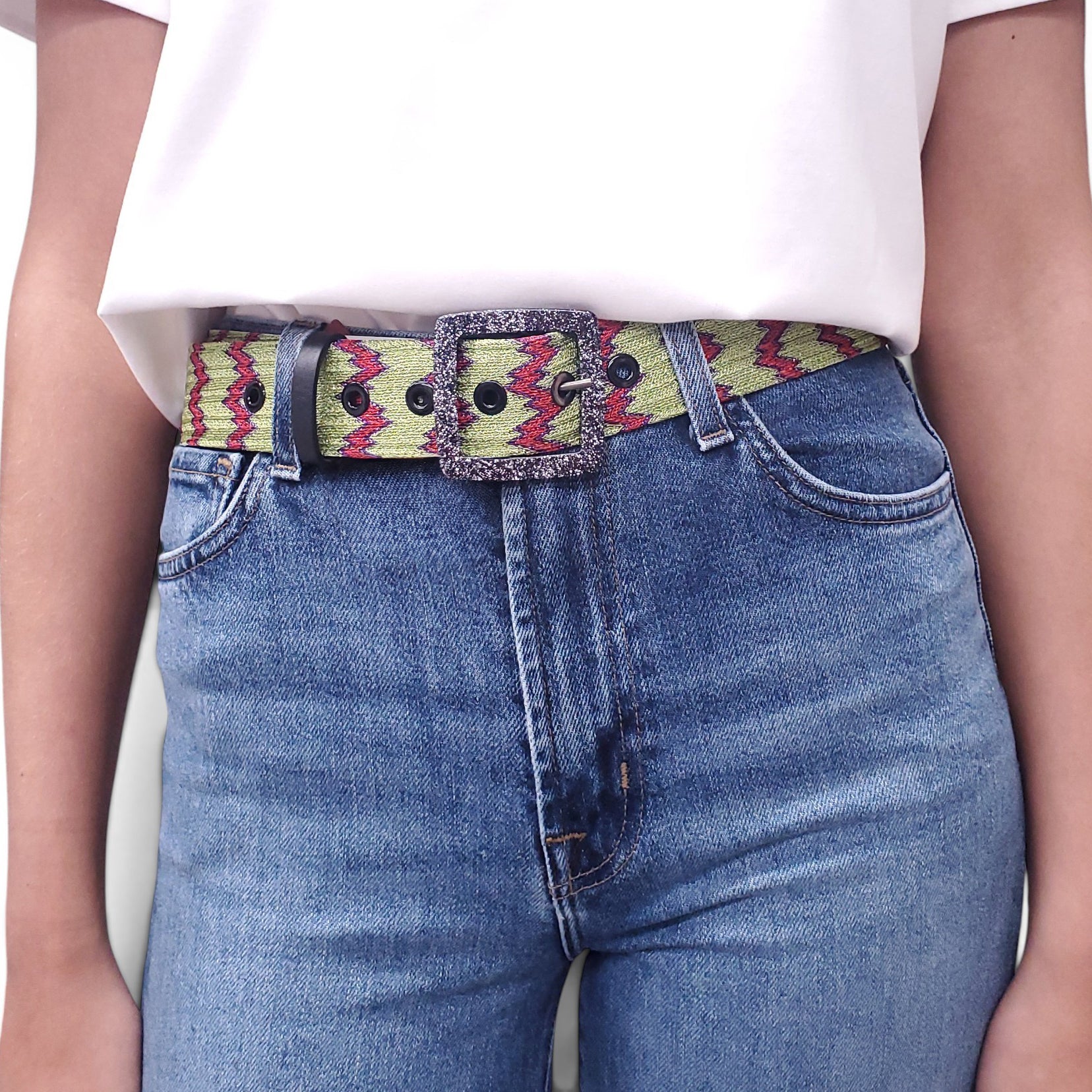 MISSONI GREEN METALLIC PATTERNED BELT - SIZE 80