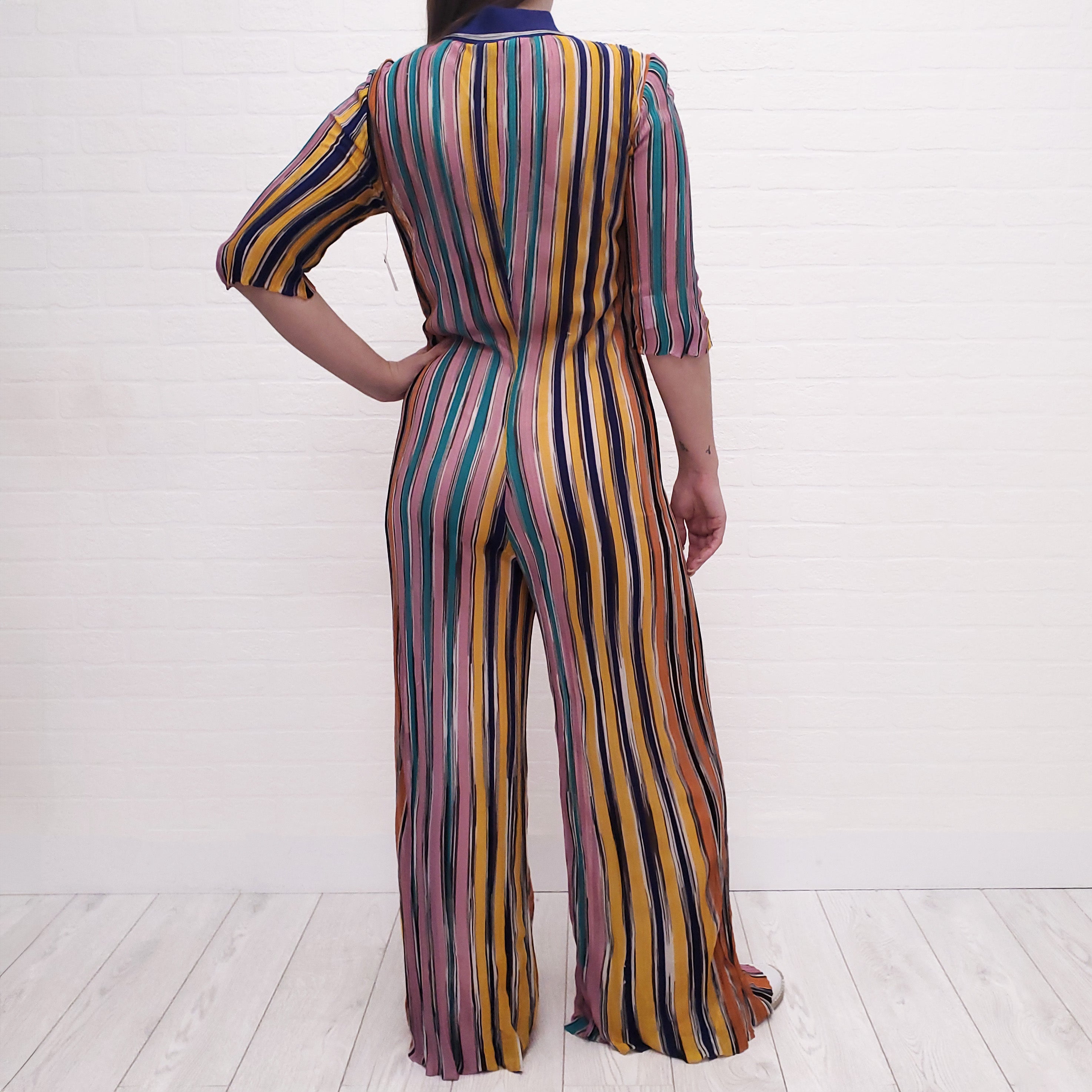 MISSONI MULTI-COLOUR STRIPE KNIT POLO JUMPSUIT - SIZE 46
