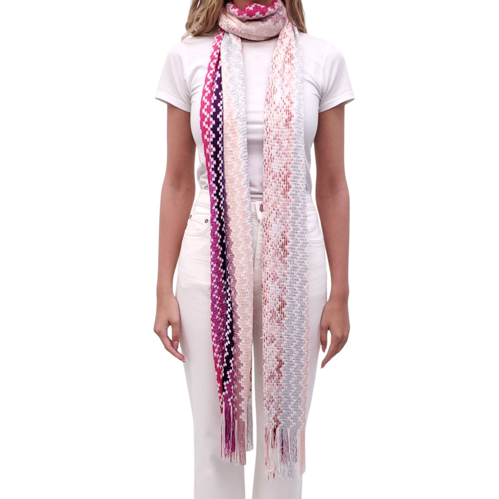 MISSONI METALLIC SILVER, PINK AND PURPLE CHEVRON FRINGE SCARF