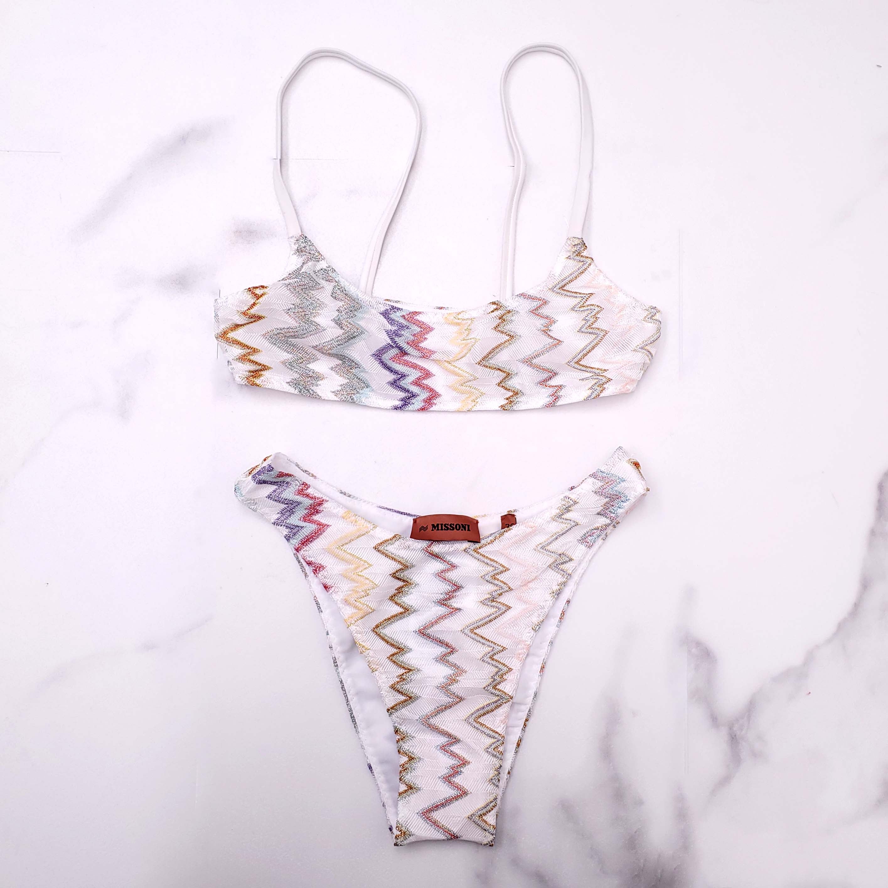 MISSONI WHITE BIKINI WITH MULTICOLOURED ZIGZAG PATTERN - SIZE 36