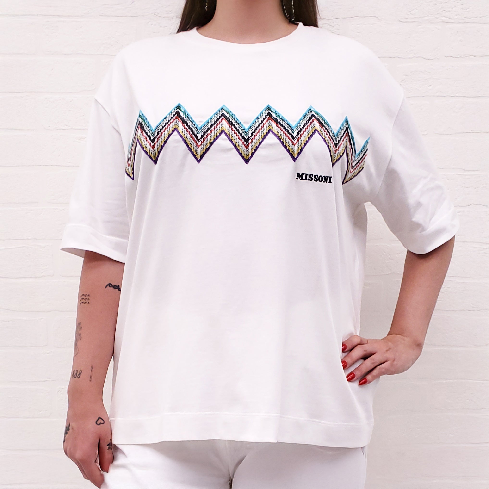 MISSONI WHITE T-SHIRT WITH ZIGZAG KNIT DETAIL - SIZE XL