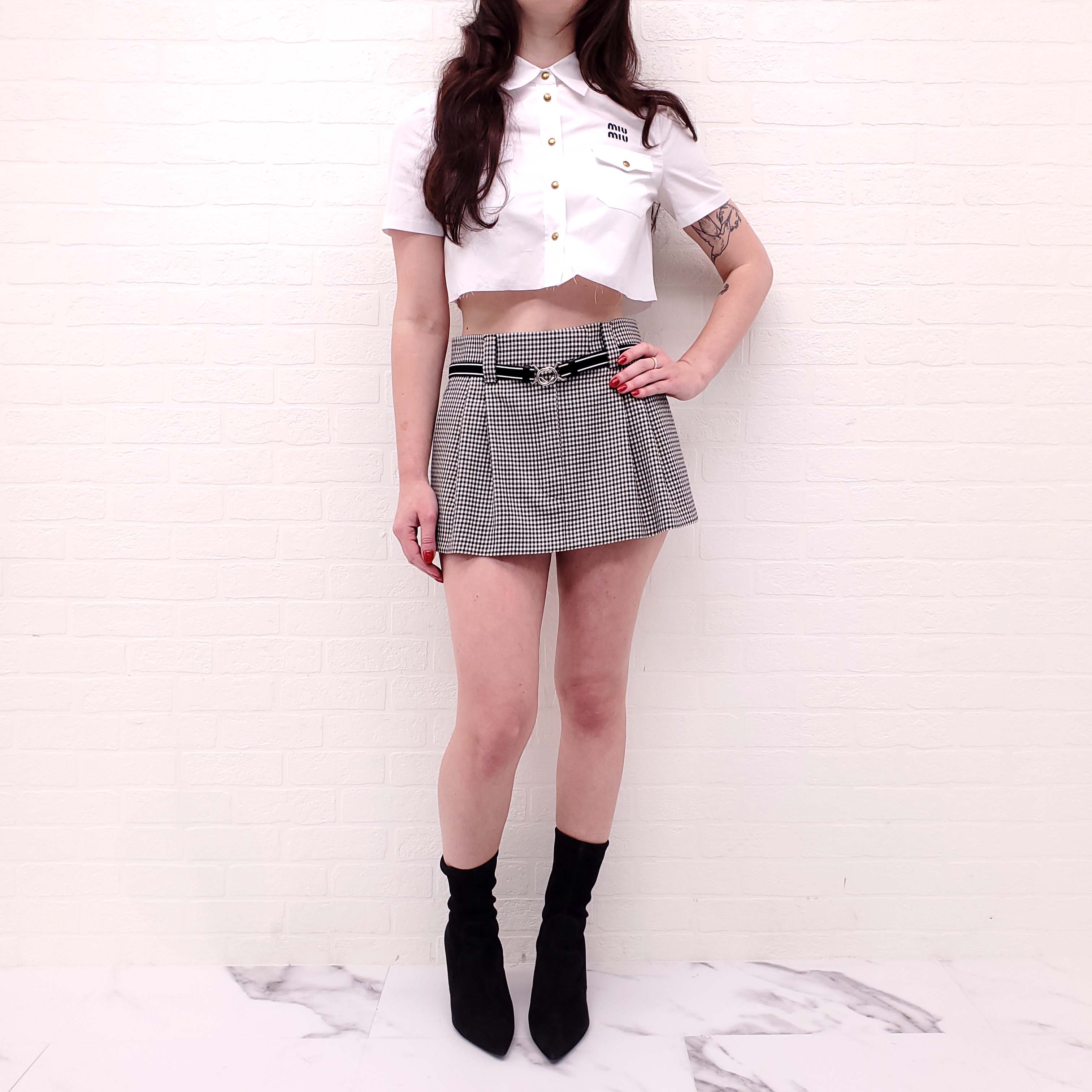 MIU MIU WHITE CROPPED EMBROIDERED LOGO POPLIN SHIRT - SIZE 38