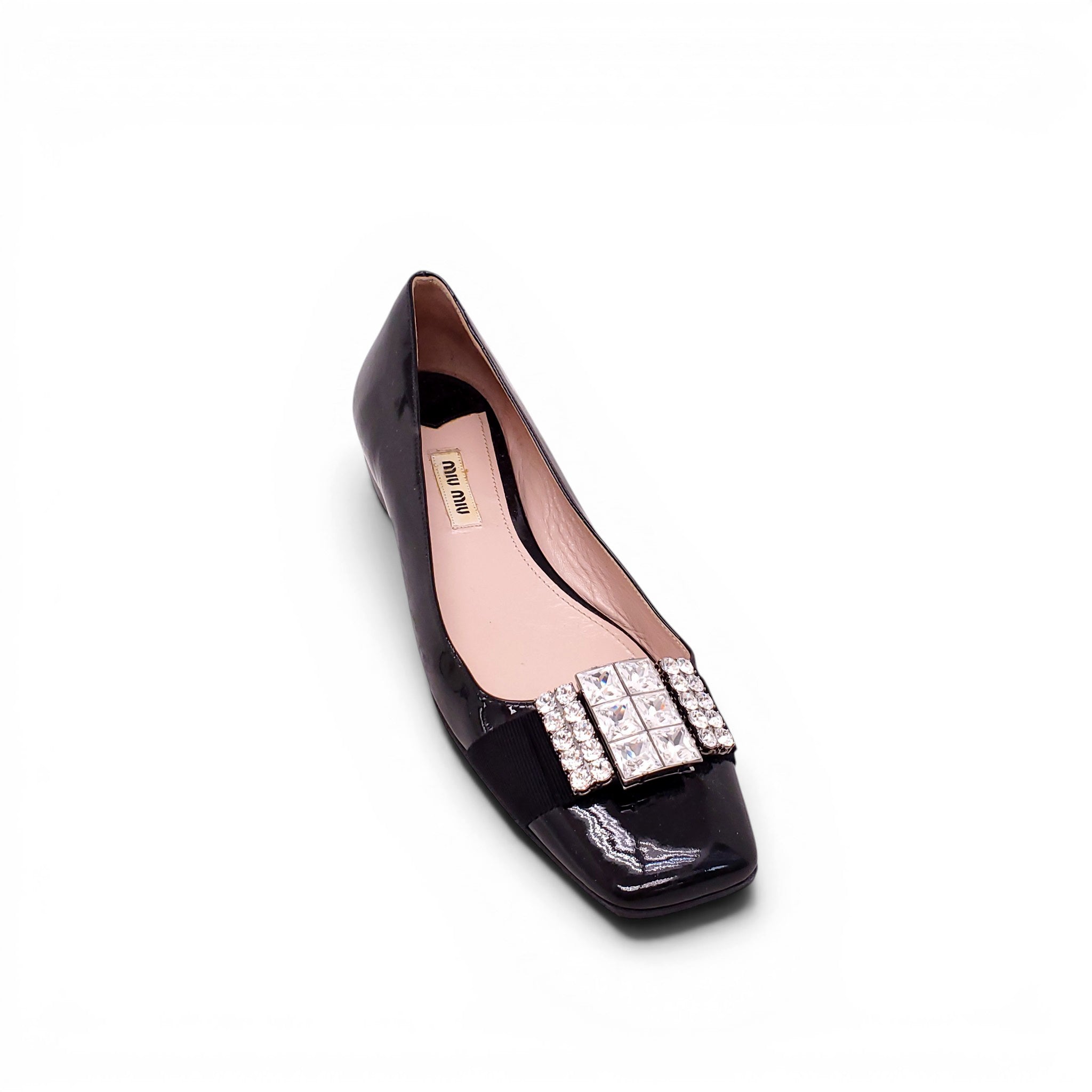 MIU MIU BLACK FLATS WITH CRYSTAL EMBLEM - SIZE 38