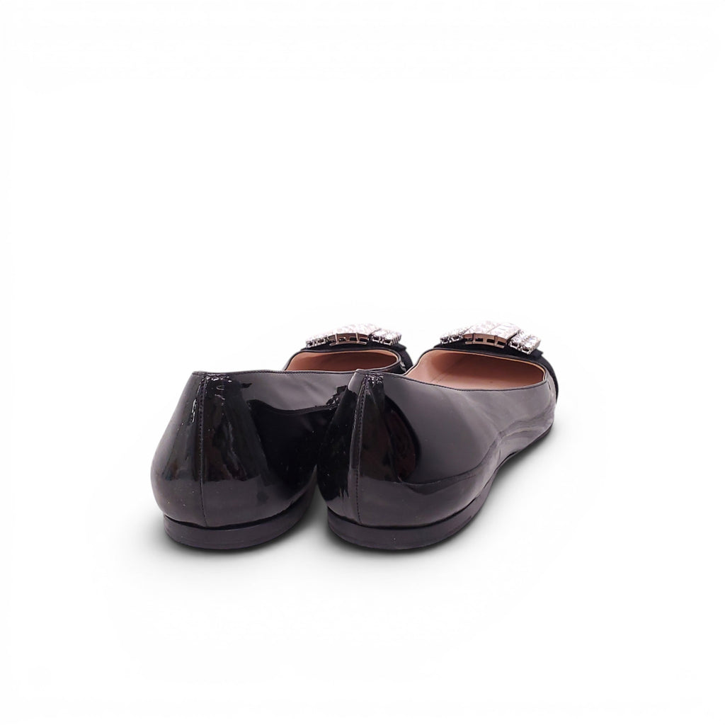 MIU MIU BLACK FLATS WITH CRYSTAL EMBLEM - SIZE 38
