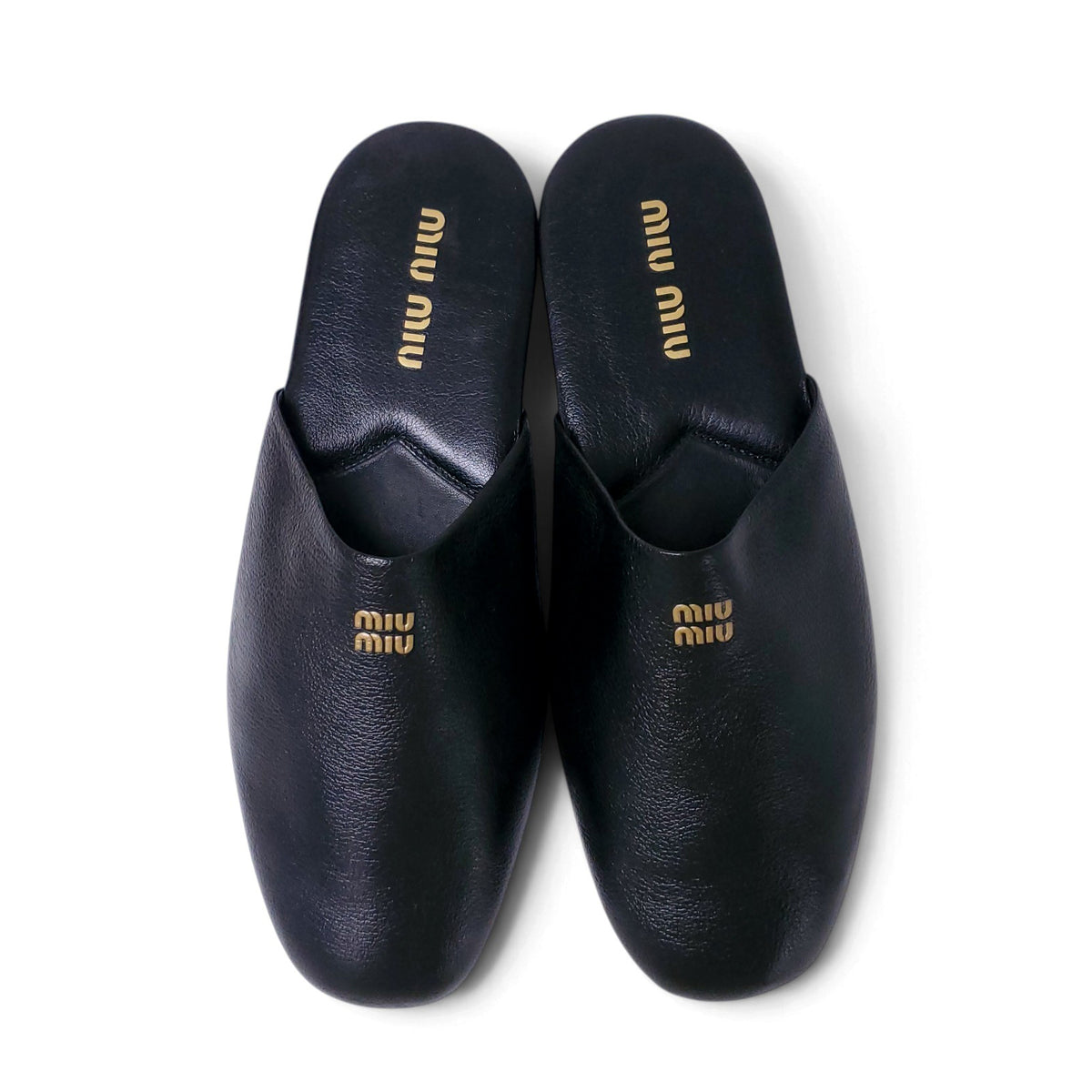 MIU MIU BLACK LEATHER LOGO MULES - SIZE 39