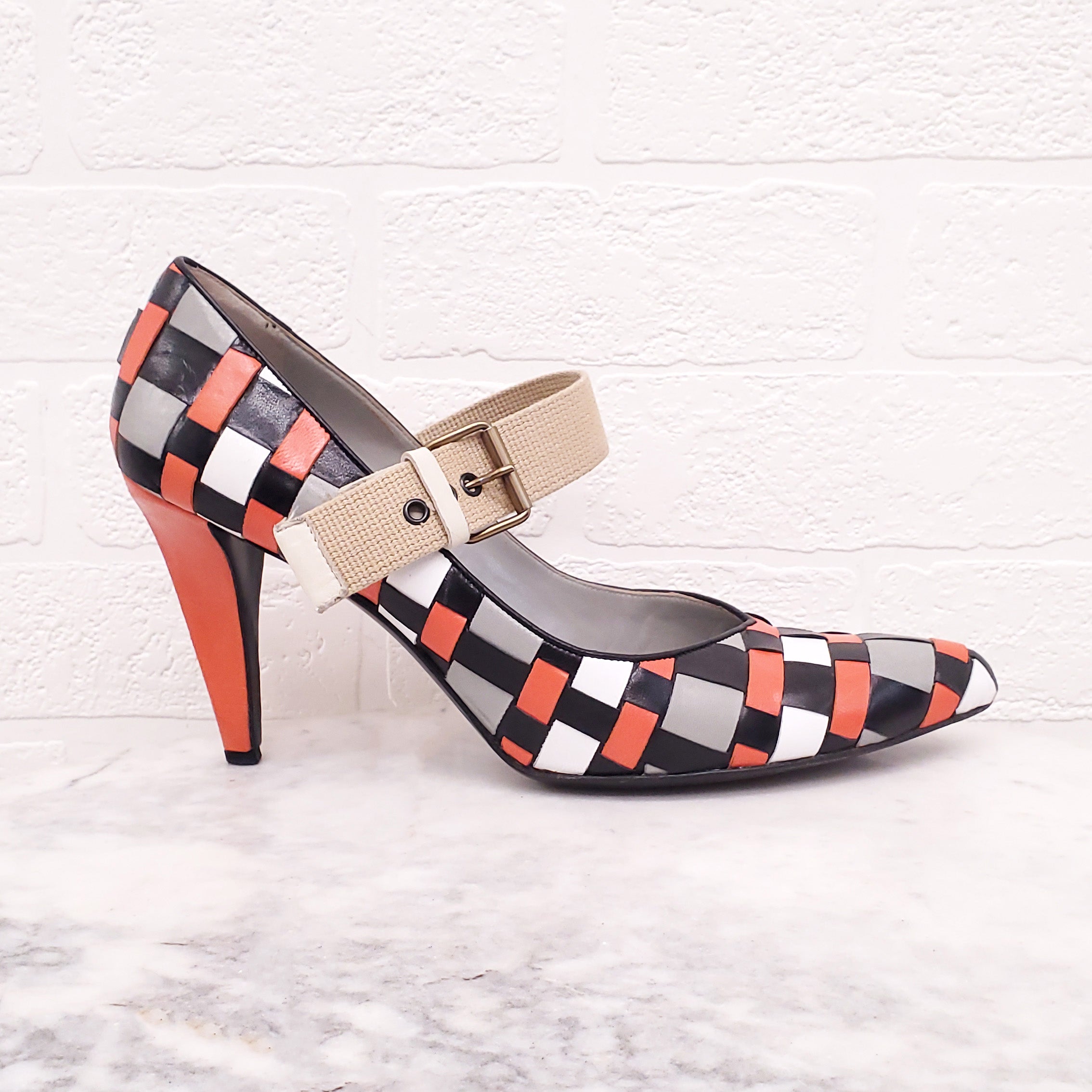 MIU MIU BLACK, ORANGE AND CREAM SQUARE PATTERNED HEELS - SIZE 40