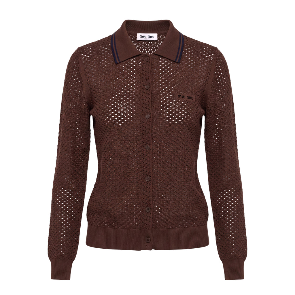 MIU MIU BROWN COTTON RIBBED CARDIGAN - SIZE 36