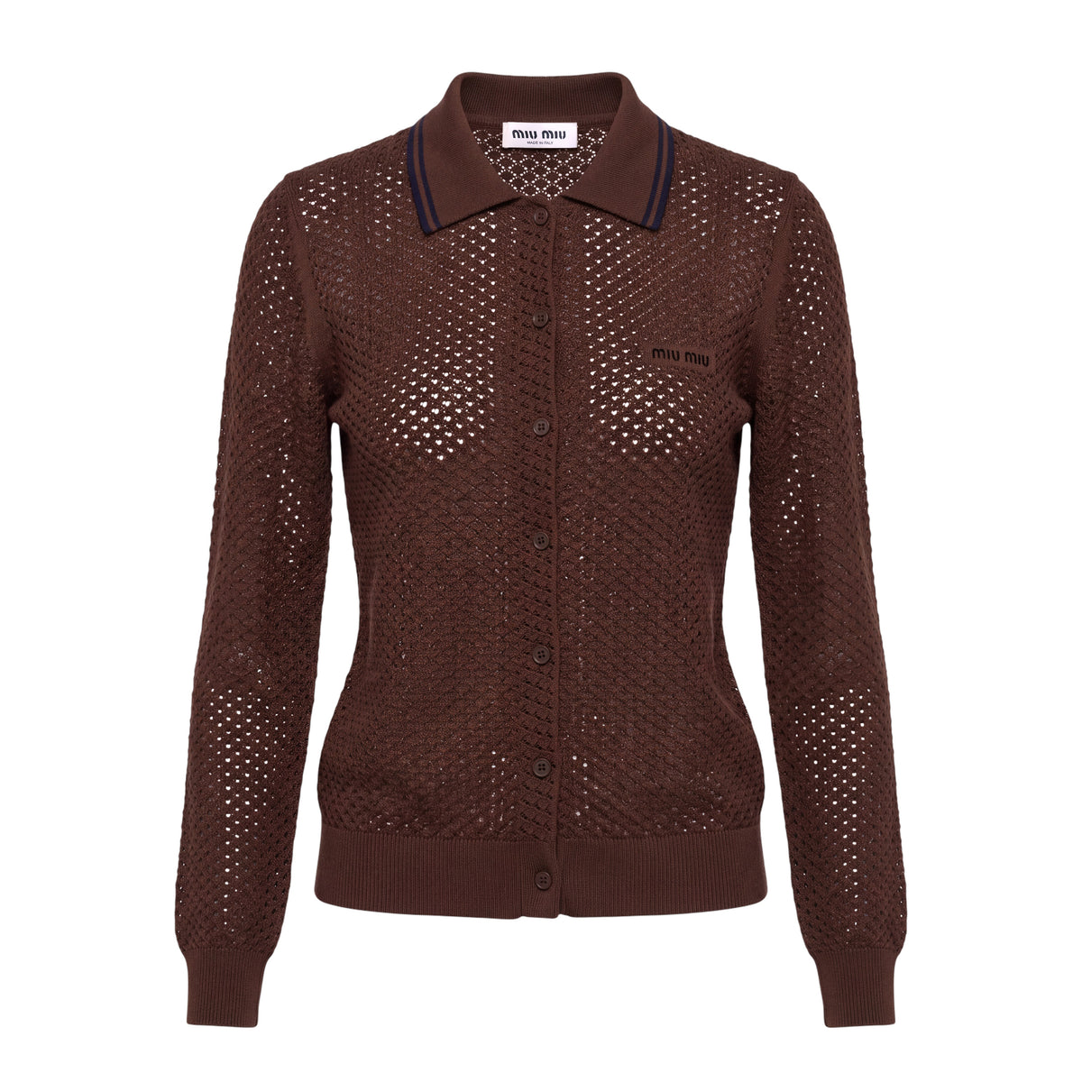 MIU MIU BROWN COTTON RIBBED CARDIGAN - SIZE 36