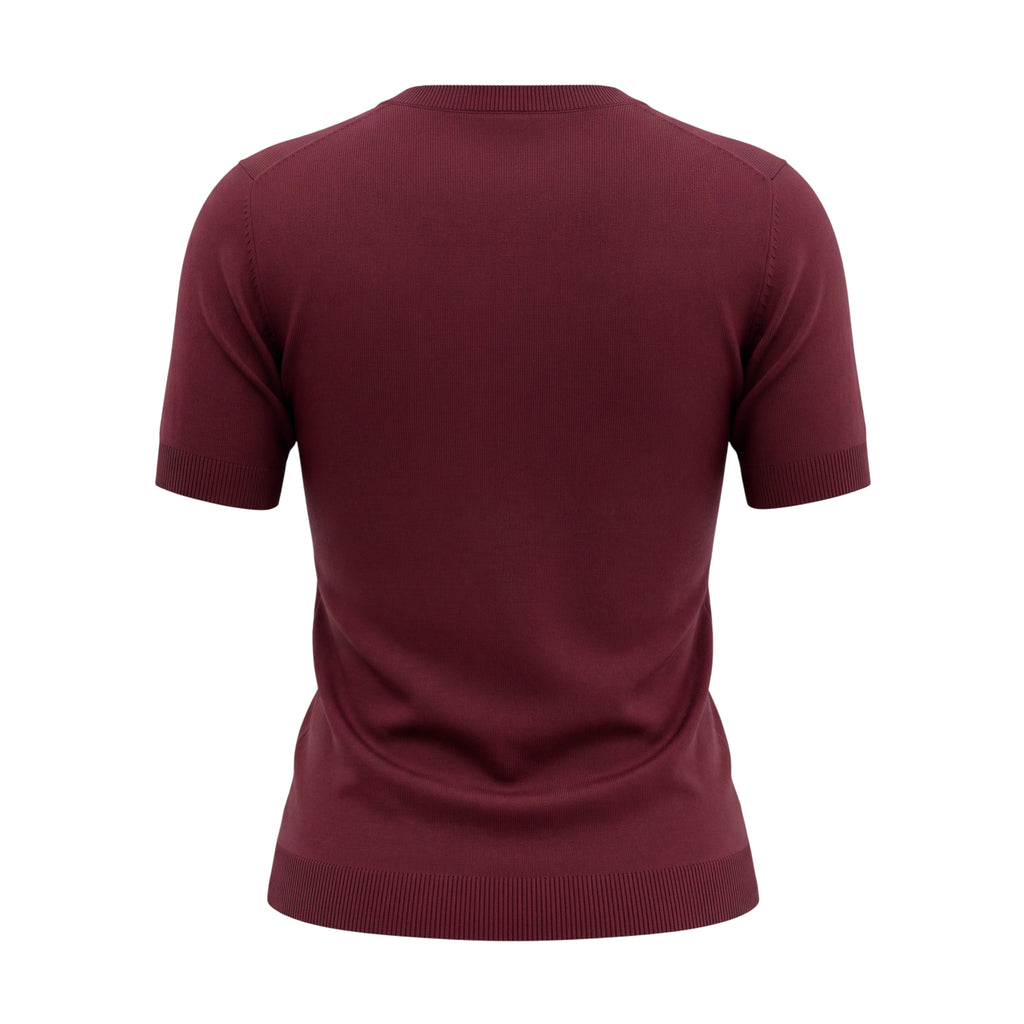 MIU MIU BURGUNDY FITTED LOGO KNIT T SHIRT - SIZE 40