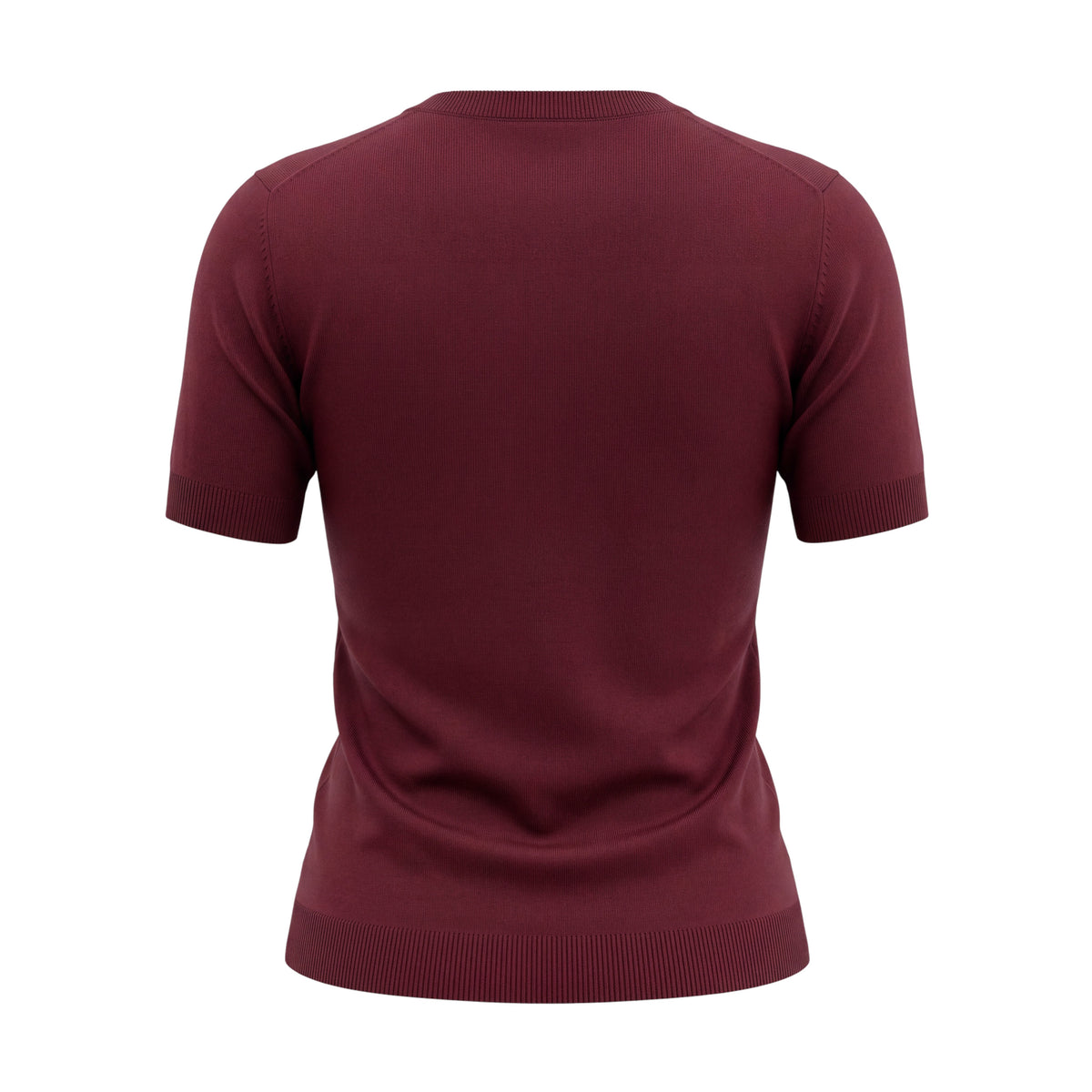MIU MIU BURGUNDY FITTED LOGO KNIT T SHIRT - SIZE 40
