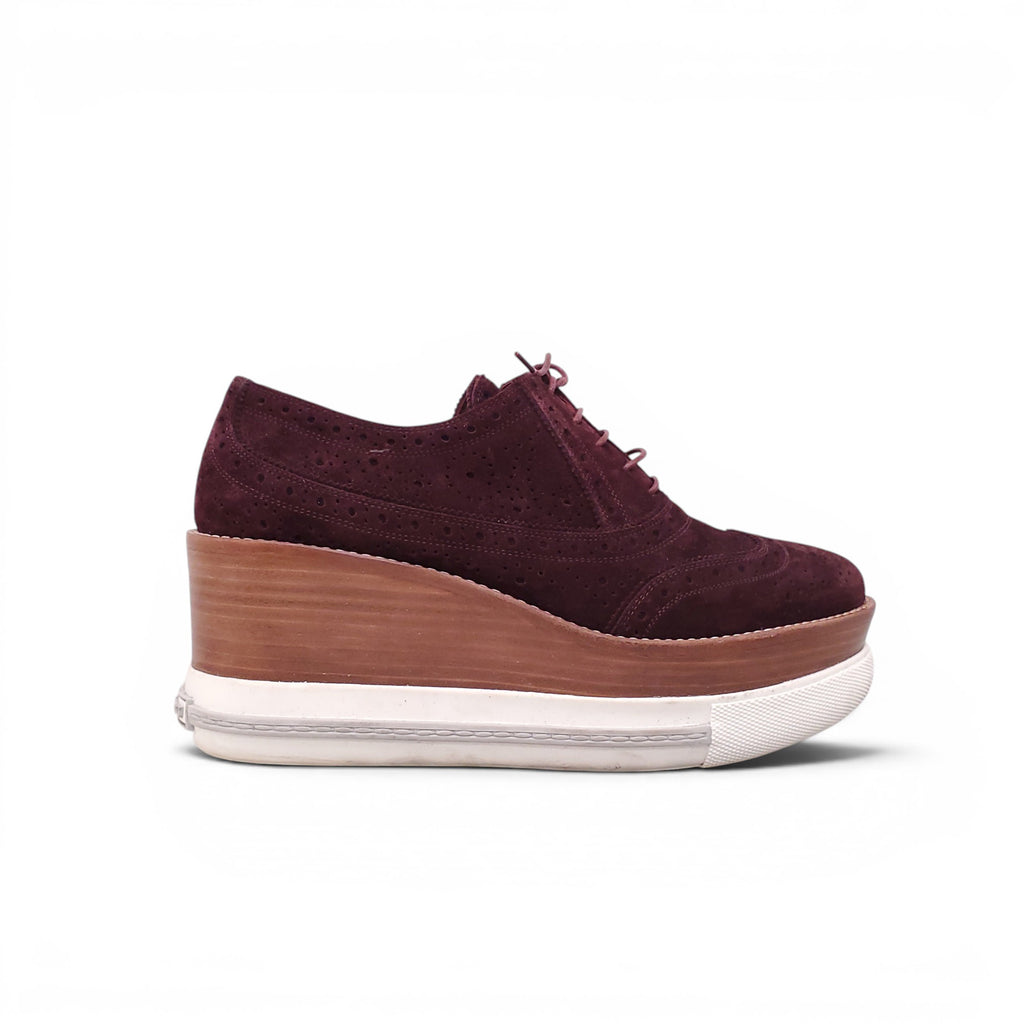 MIU MIU BURGUNDY SUEDE PLATFORM LOAFERS - SIZE 38.5