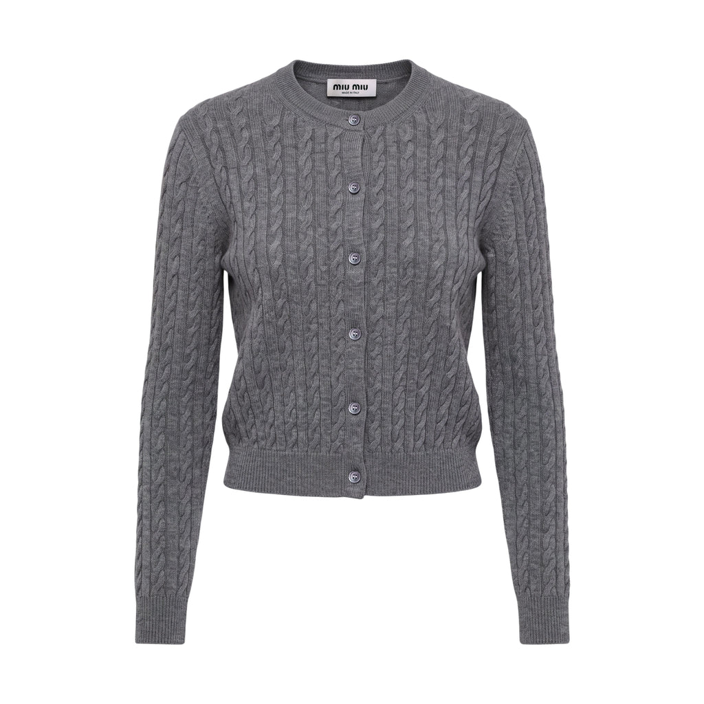MIU MIU CABLE KNIT CASHMERE CARDIGAN WITH LOGO  - SIZE 36
