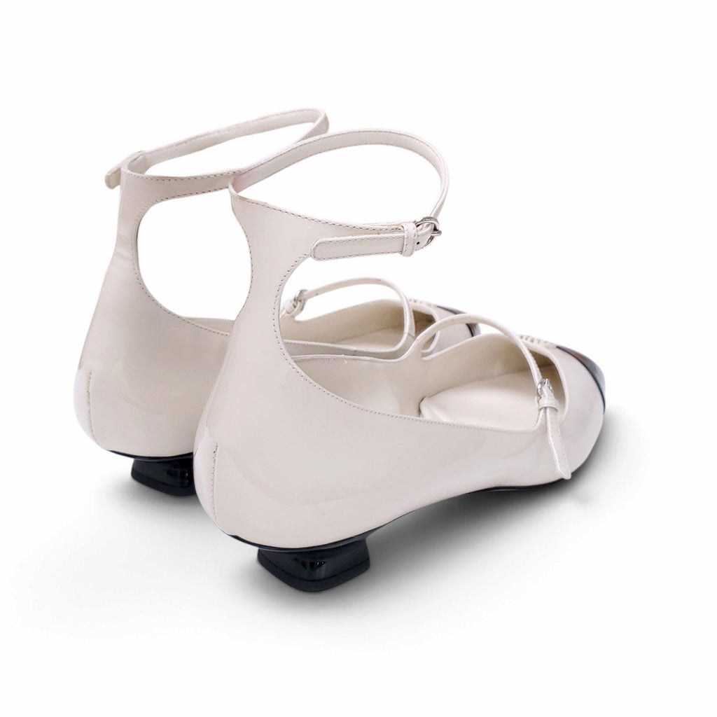 MIU MIU CREAM AND BLACK LOGO MARY-JANE KITTEN HEELS - SIZE 40