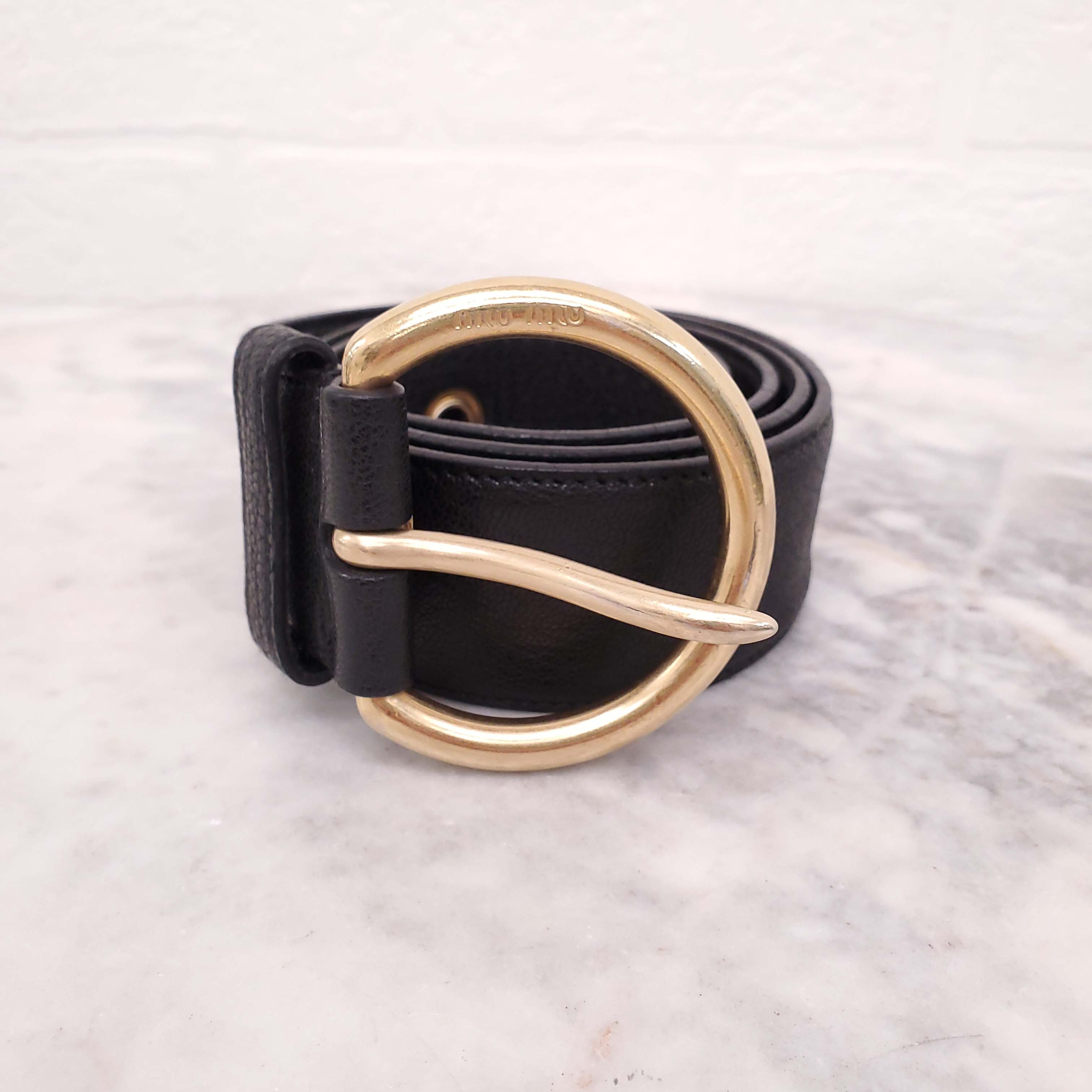 MIU MIU GOLD BUCKLE BLACK LEATHER BELT - SIZE 80