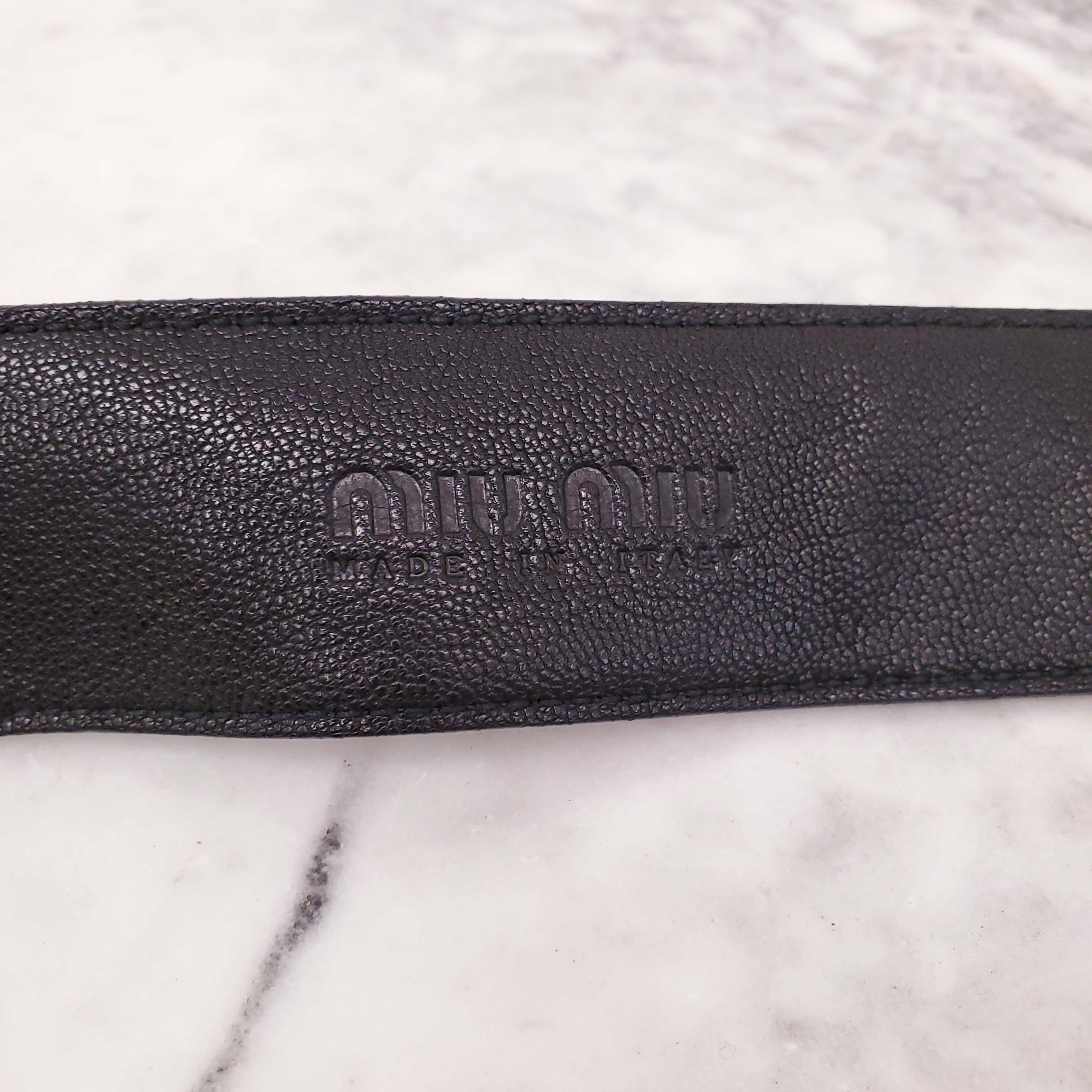 MIU MIU GOLD BUCKLE BLACK LEATHER BELT - SIZE 80