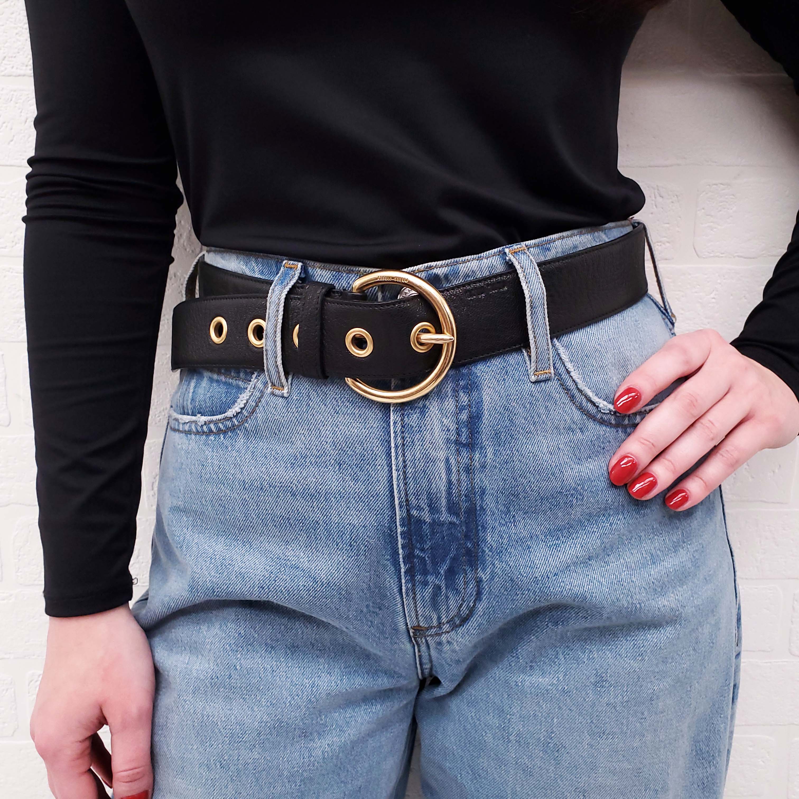 MIU MIU GOLD BUCKLE BLACK LEATHER BELT - SIZE 80