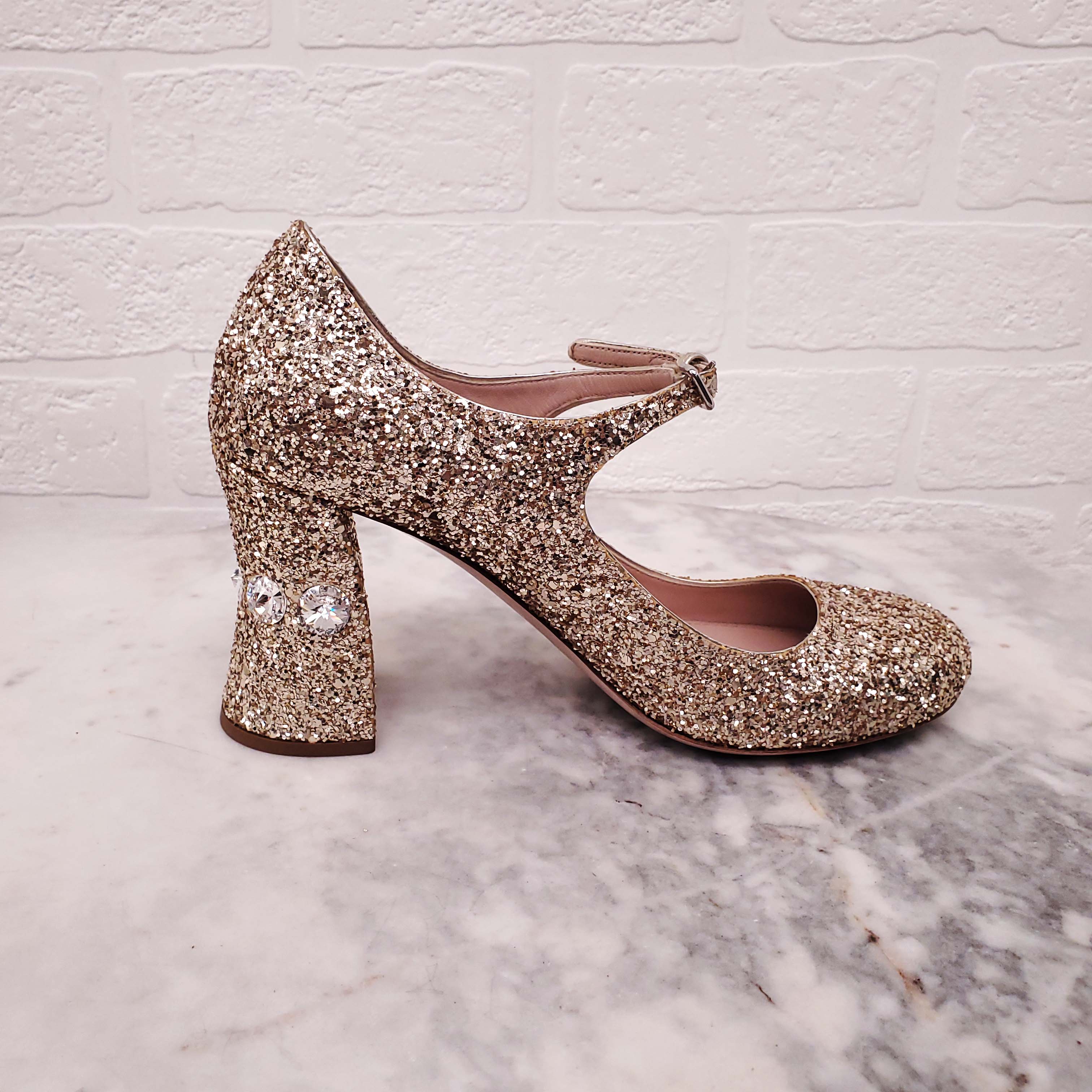 MIU MIU GOLD SPARKLE BLOCK HEELS WITH CRYSTAL DETAILS - SIZE 36