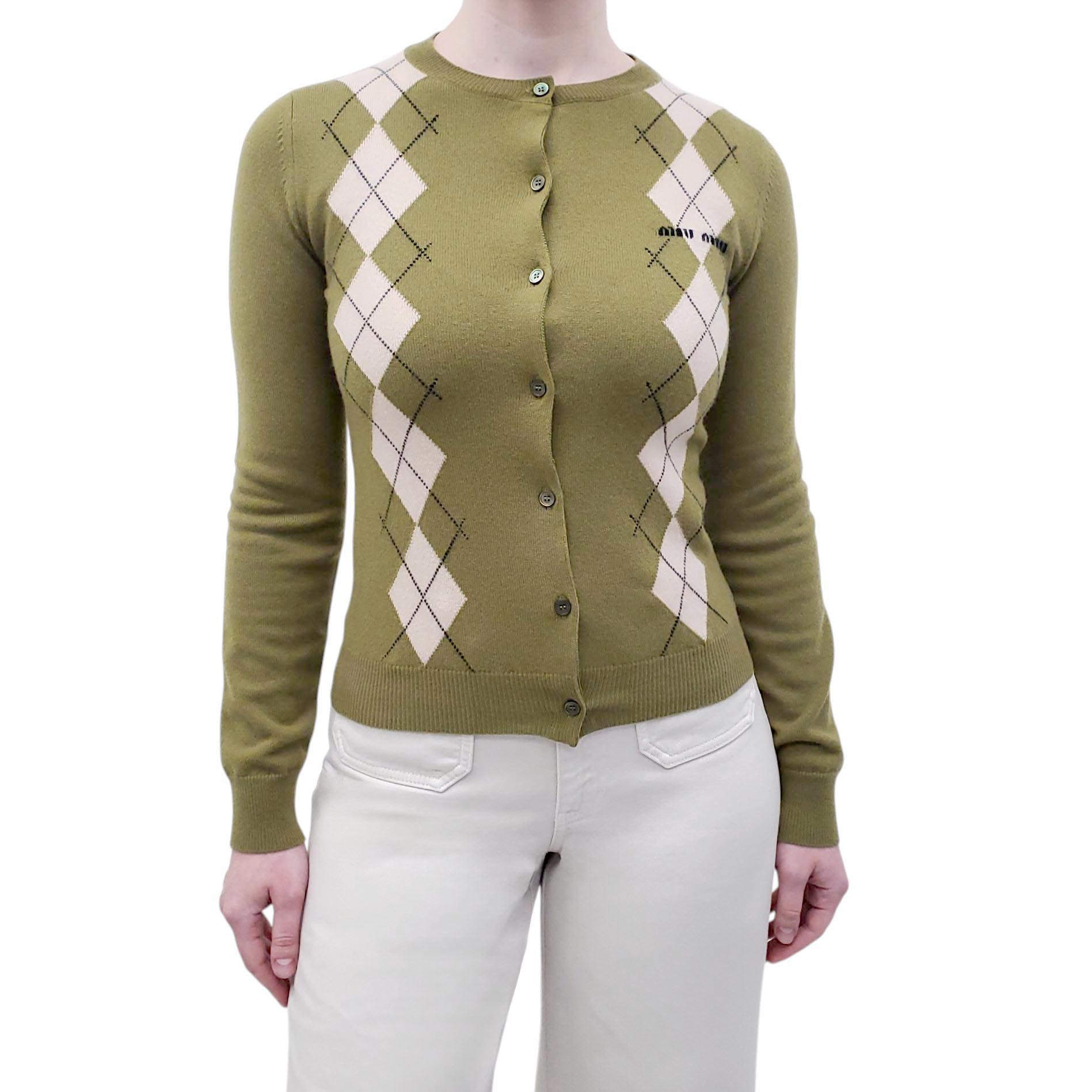 MIU MIU GREEN ARGYLE LOGO CARDIGAN - SIZE 36