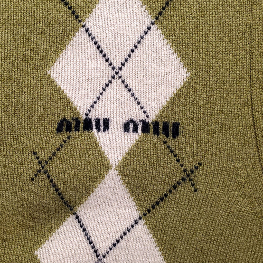 MIU MIU GREEN ARGYLE LOGO CARDIGAN - SIZE 36