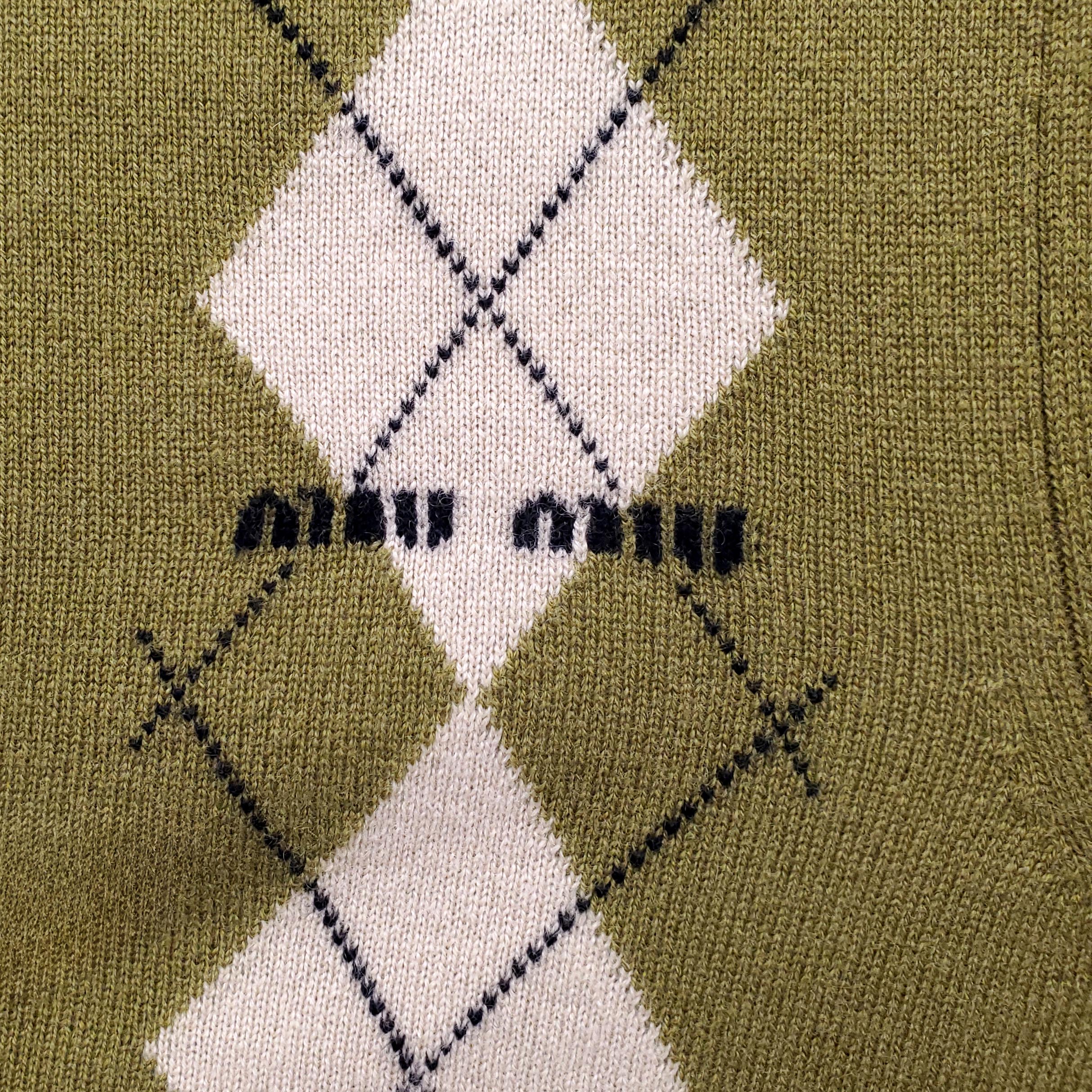 MIU MIU GREEN ARGYLE LOGO CARDIGAN - SIZE 36