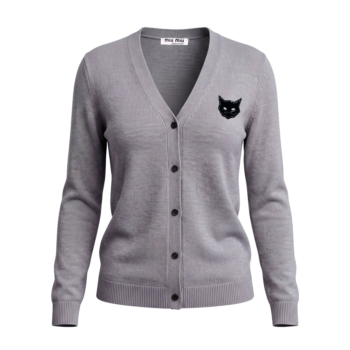MIU MIU GREY CARDIGAN WITH CAT EMBROIDERY - SIZE 40