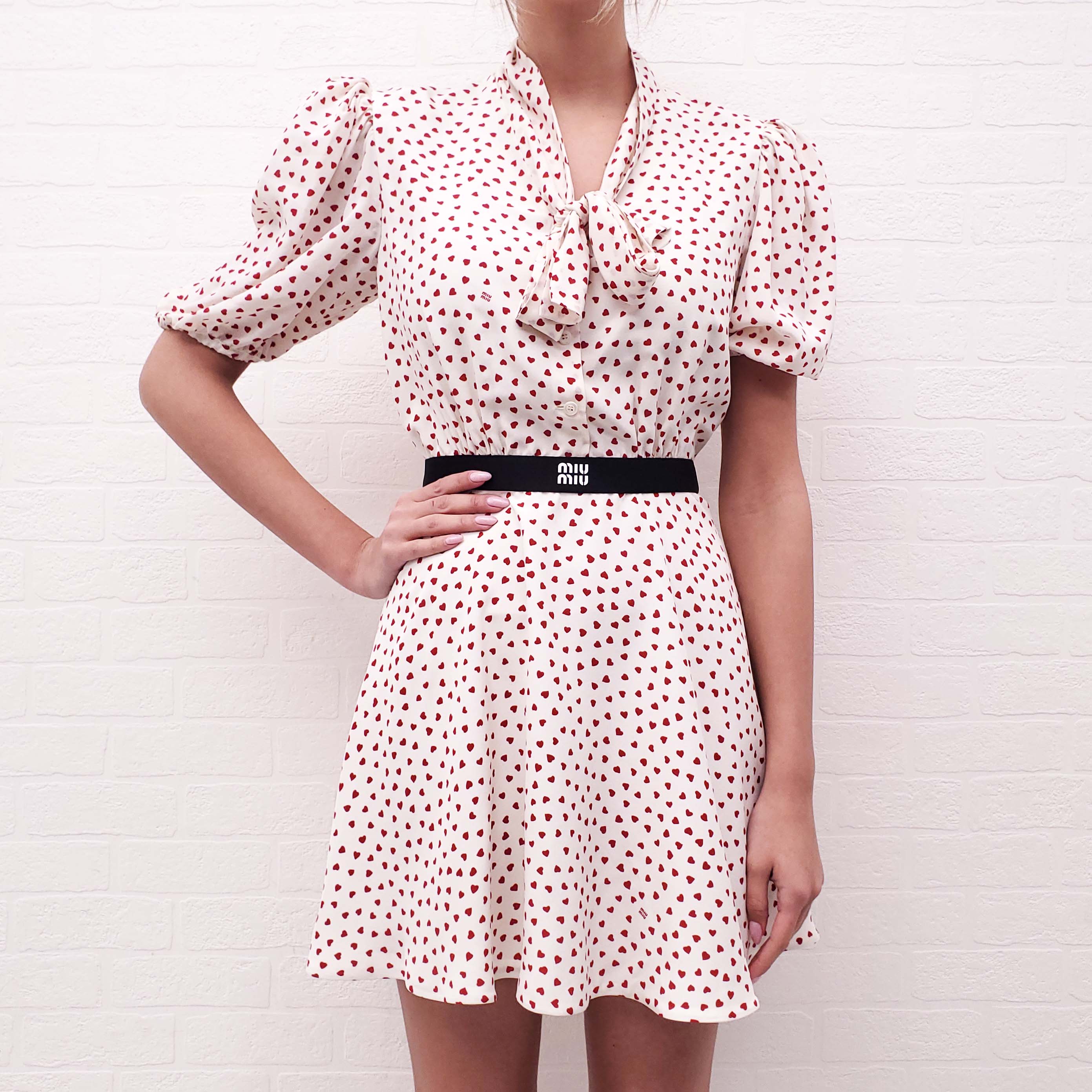 MIU MIU HEART DRESS WITH TIE DETAIL AND LOGO WAISTBAND - SIZE 40