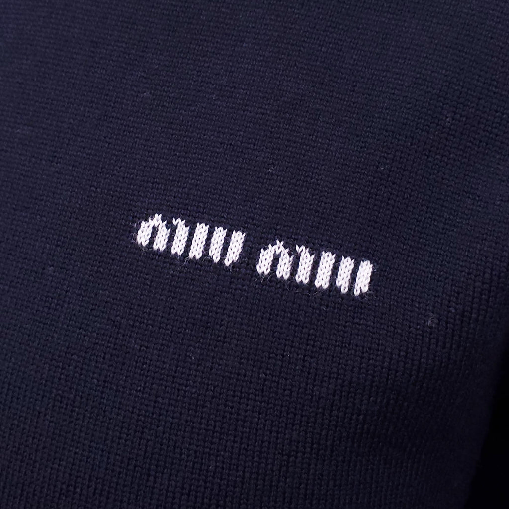 MIU MIU NAVY CROPPED LOGO SWEATER - SIZE 36