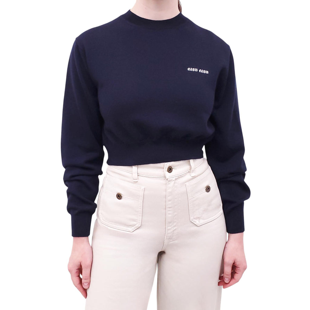 MIU MIU NAVY CROPPED LOGO SWEATER - SIZE 36