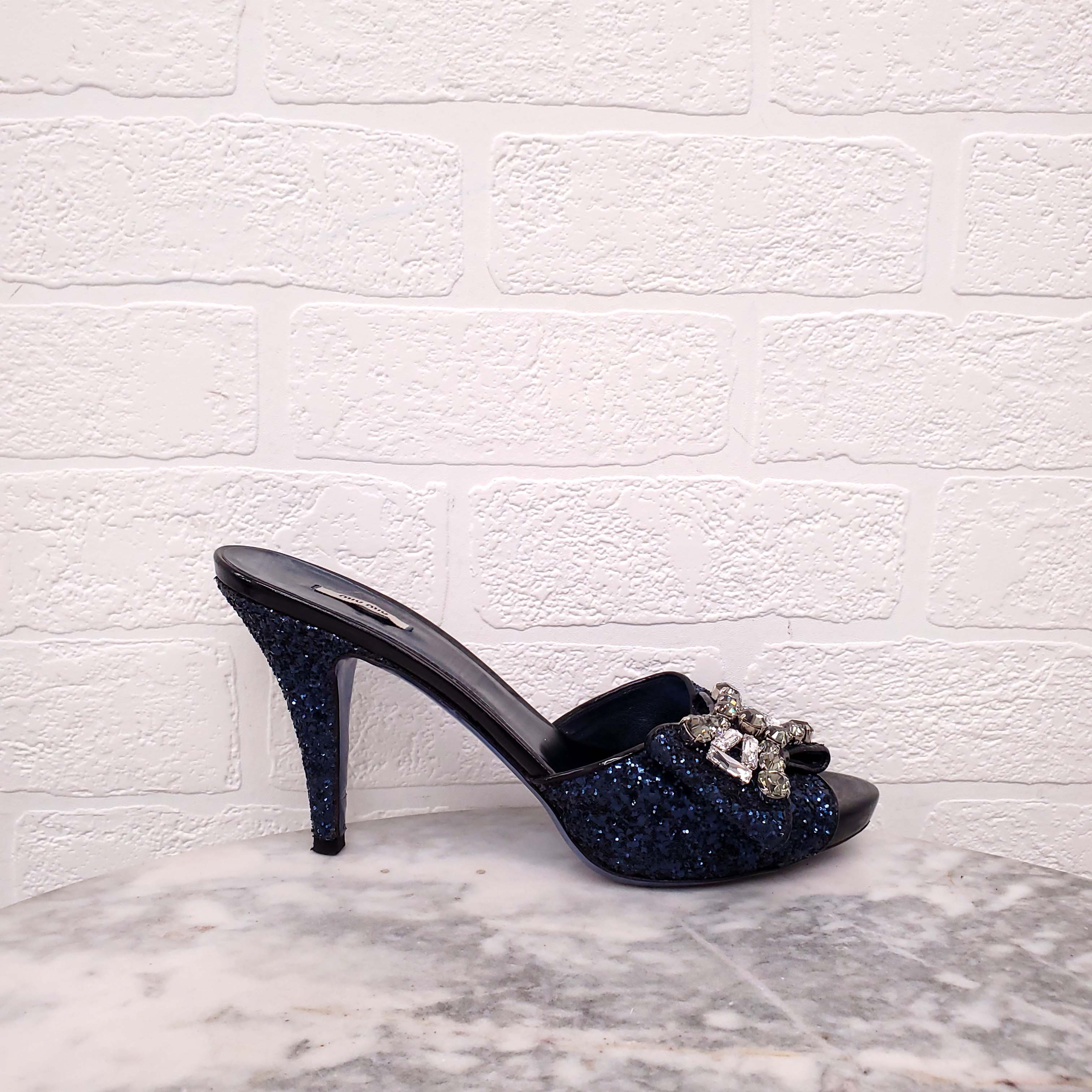 MIU MIU NAVY SEQUIN MULES WITH CRYSTAL BOW - SIZE 38.5