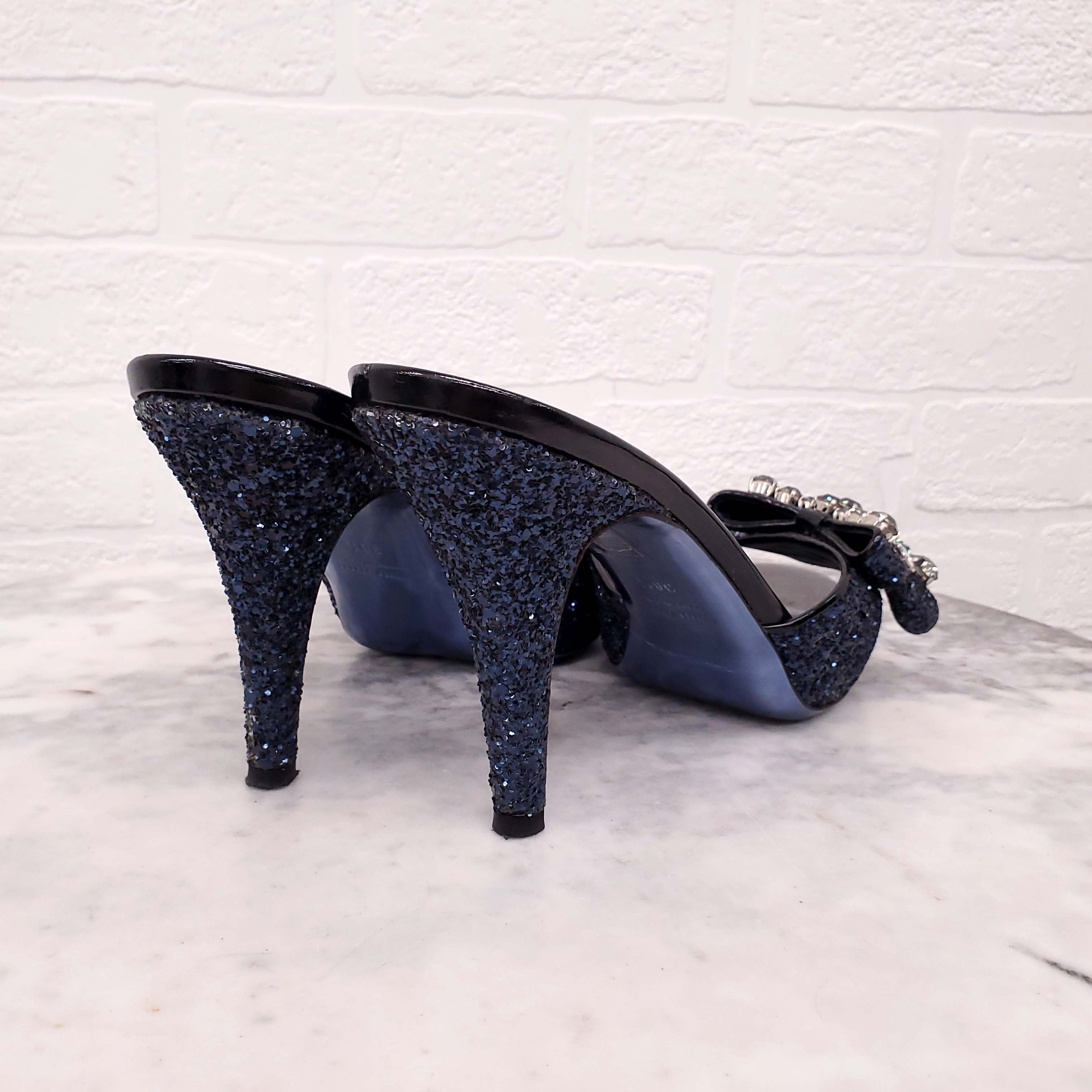 MIU MIU NAVY SEQUIN MULES WITH CRYSTAL BOW - SIZE 38.5
