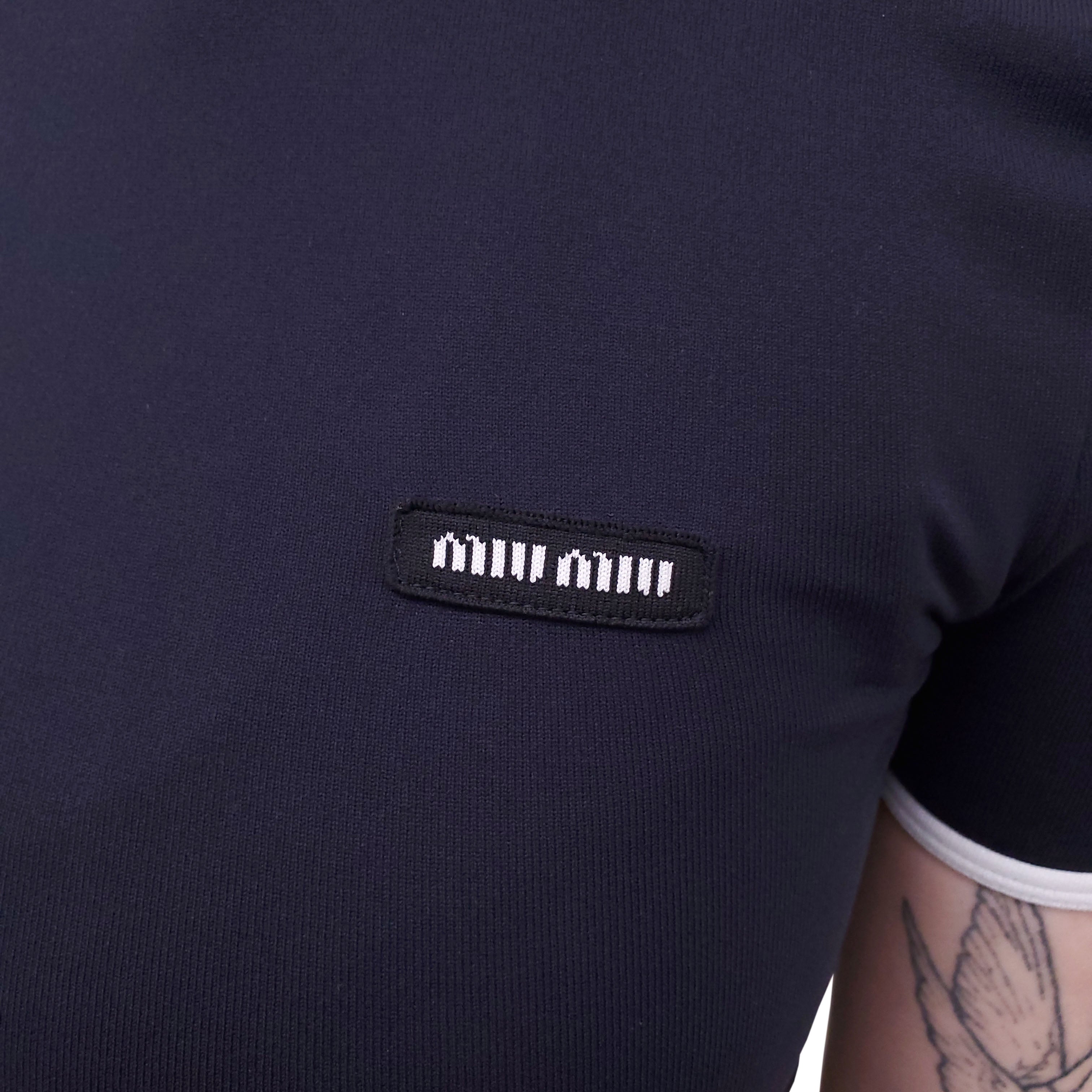 MIU MIU NAVY TECHNICAL YARN CREWNECK SHORT-SLEEVE SWEATER - SIZE 38