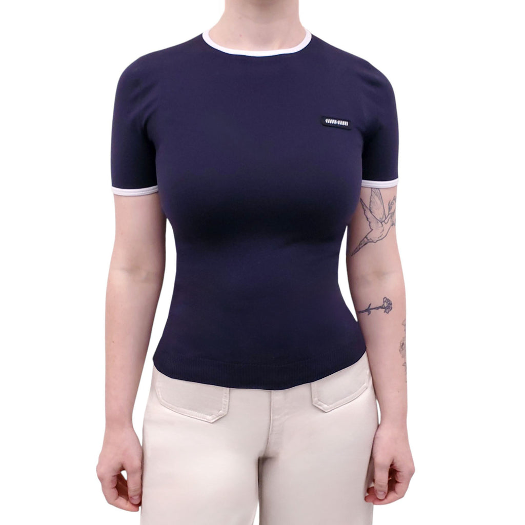 MIU MIU NAVY TECHNICAL YARN CREWNECK SHORT-SLEEVE SWEATER - SIZE 38