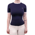 MIU MIU NAVY TECHNICAL YARN CREWNECK SHORT-SLEEVE SWEATER - SIZE 38